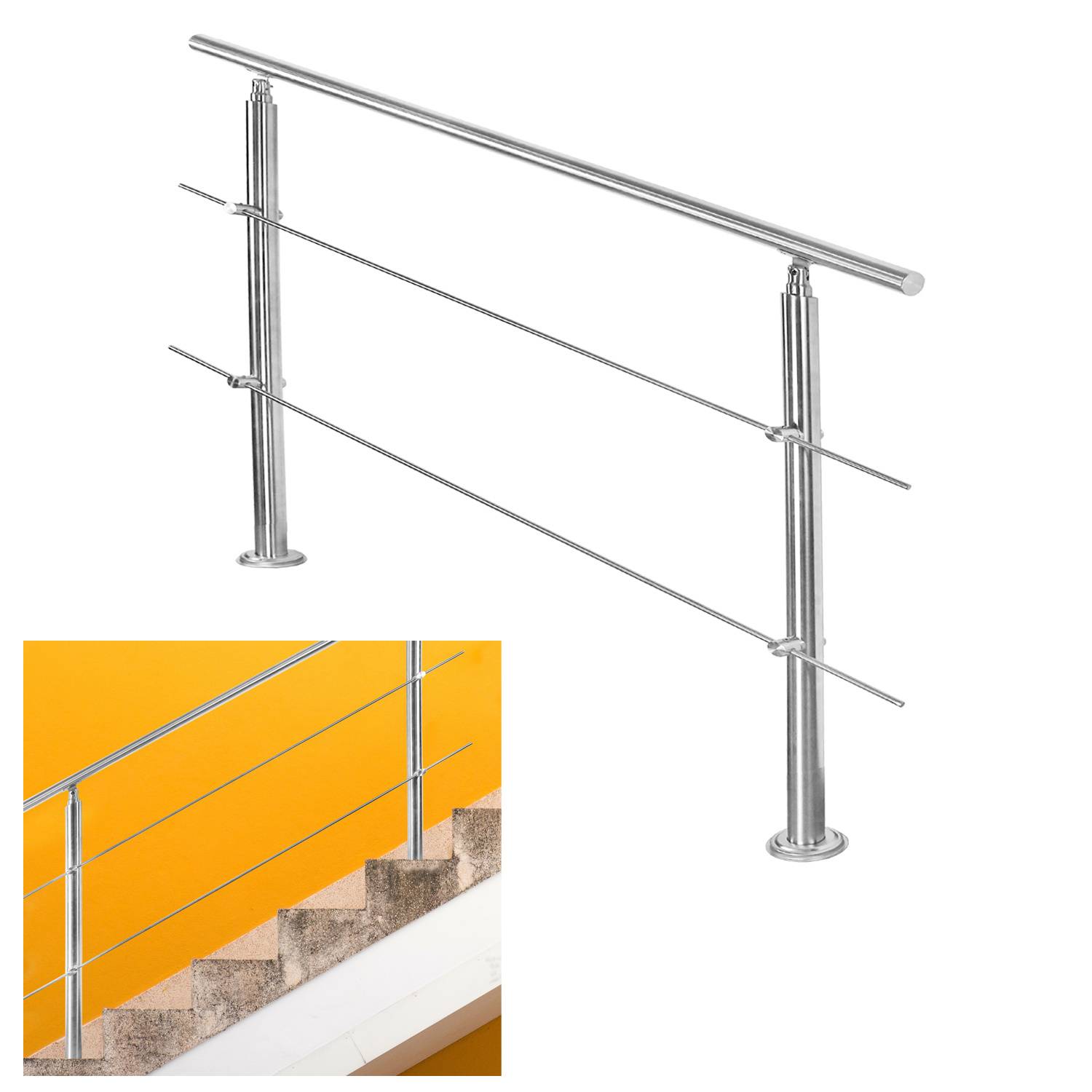 180cm Treppengeländer Edelstahl Handlauf Geländer für Treppen Balkon, mit 2 Querstreben, Innen & Außen
