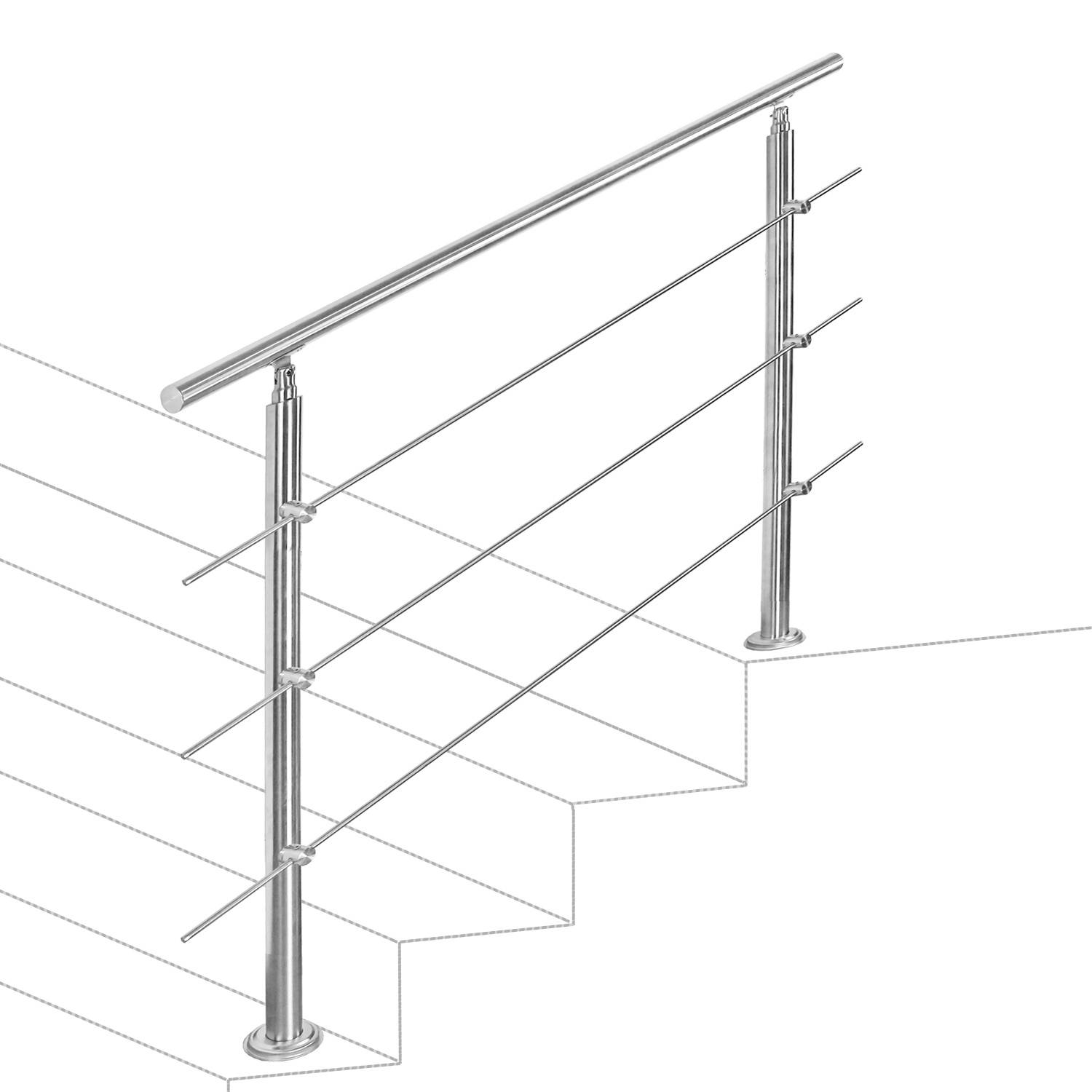 120cm Treppengeländer Edelstahl Handlauf Geländer für Treppen Balkon, mit 3 Querstreben, Innen & Außen