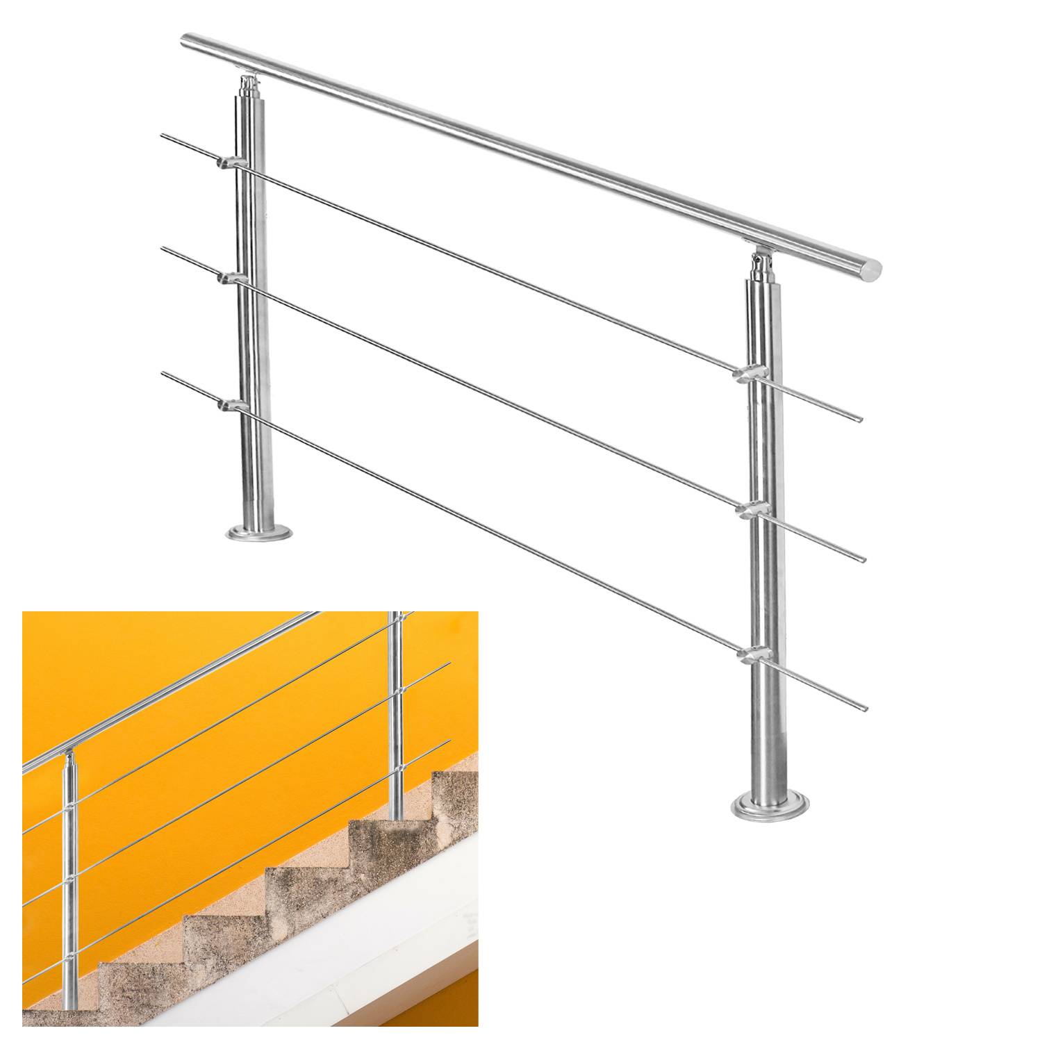 120cm Treppengeländer Edelstahl Handlauf Geländer für Treppen Balkon, mit 3 Querstreben, Innen & Außen