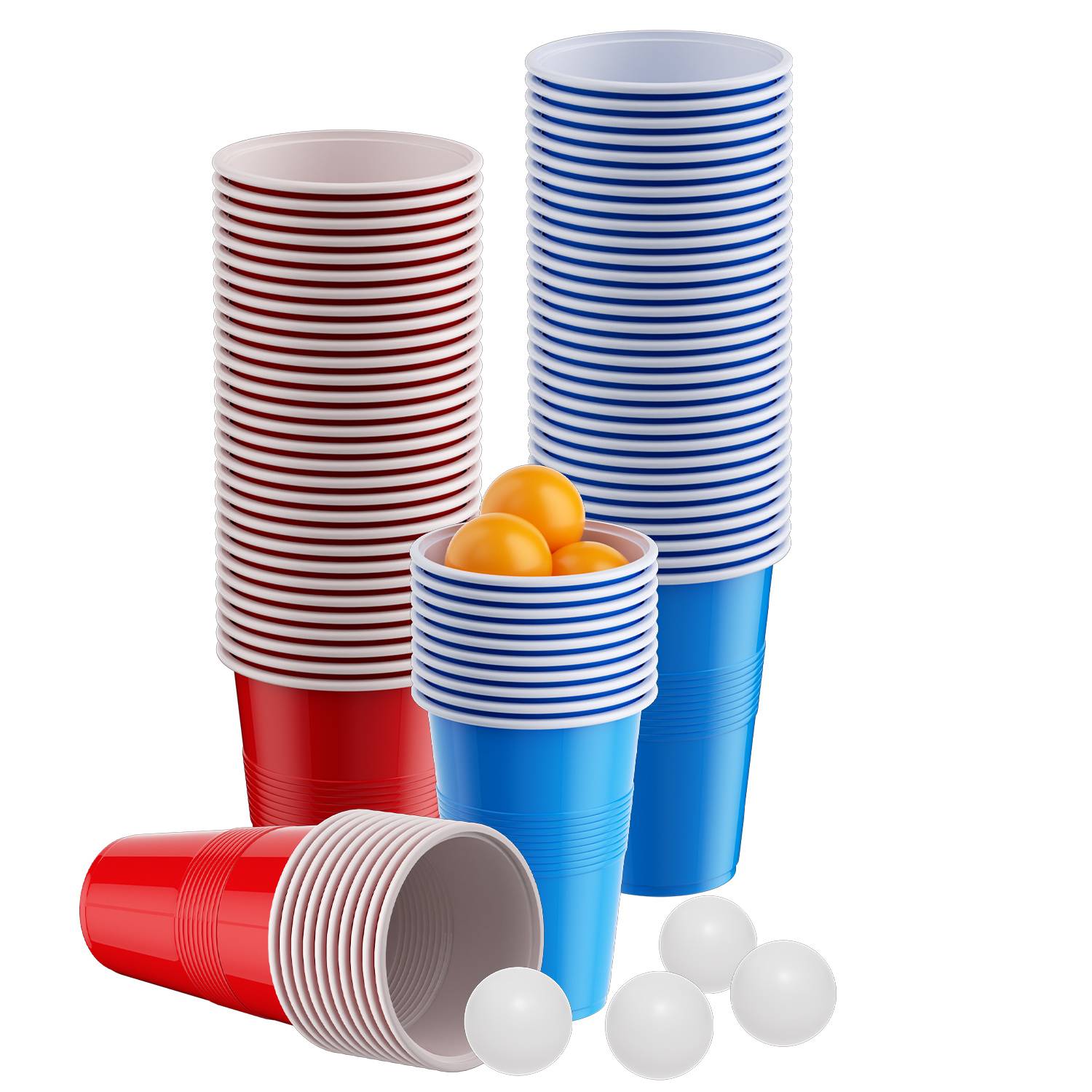 Beer Pong Becher Set 100 Becher + 10 Bälle, 50 rote & 50 blaue Partybecher 500 ml, Trinkspiel Partyspiel für Geburtstag, BBQ & Festival