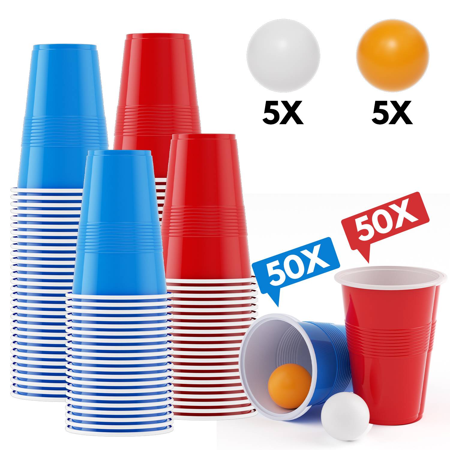 Beer Pong Partyspiel Set mit 100 Bechern und 10 Bällen, rot-blaue Becher 500 ml, Geschicklichkeitsspiel für Gartenparty, Studentenparty & Feiern
