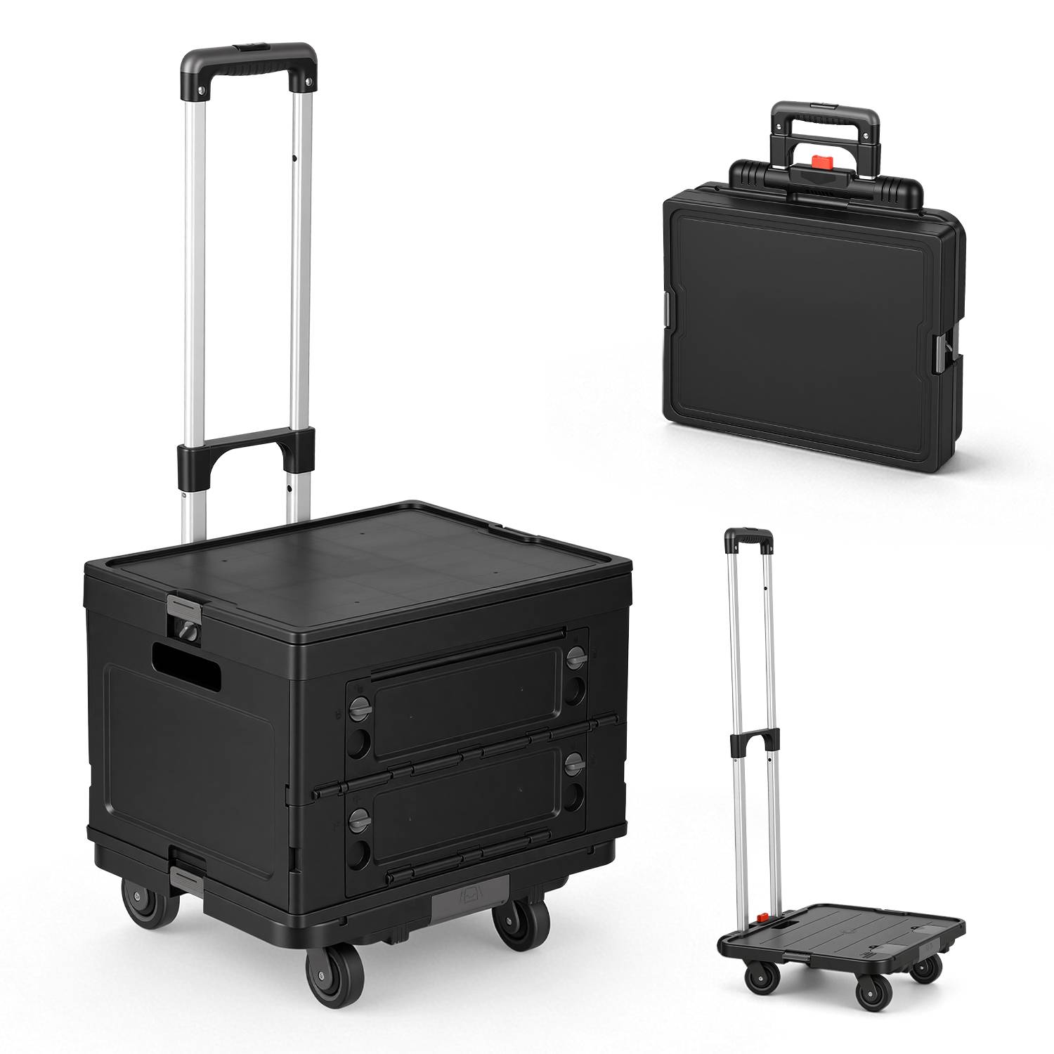Einkaufstrolley 48L faltbar Schwarz, 3-in-1 Box-Trolley mit leisen Rollen, ergonomischem Griff, Aluminium + PP, klappbar