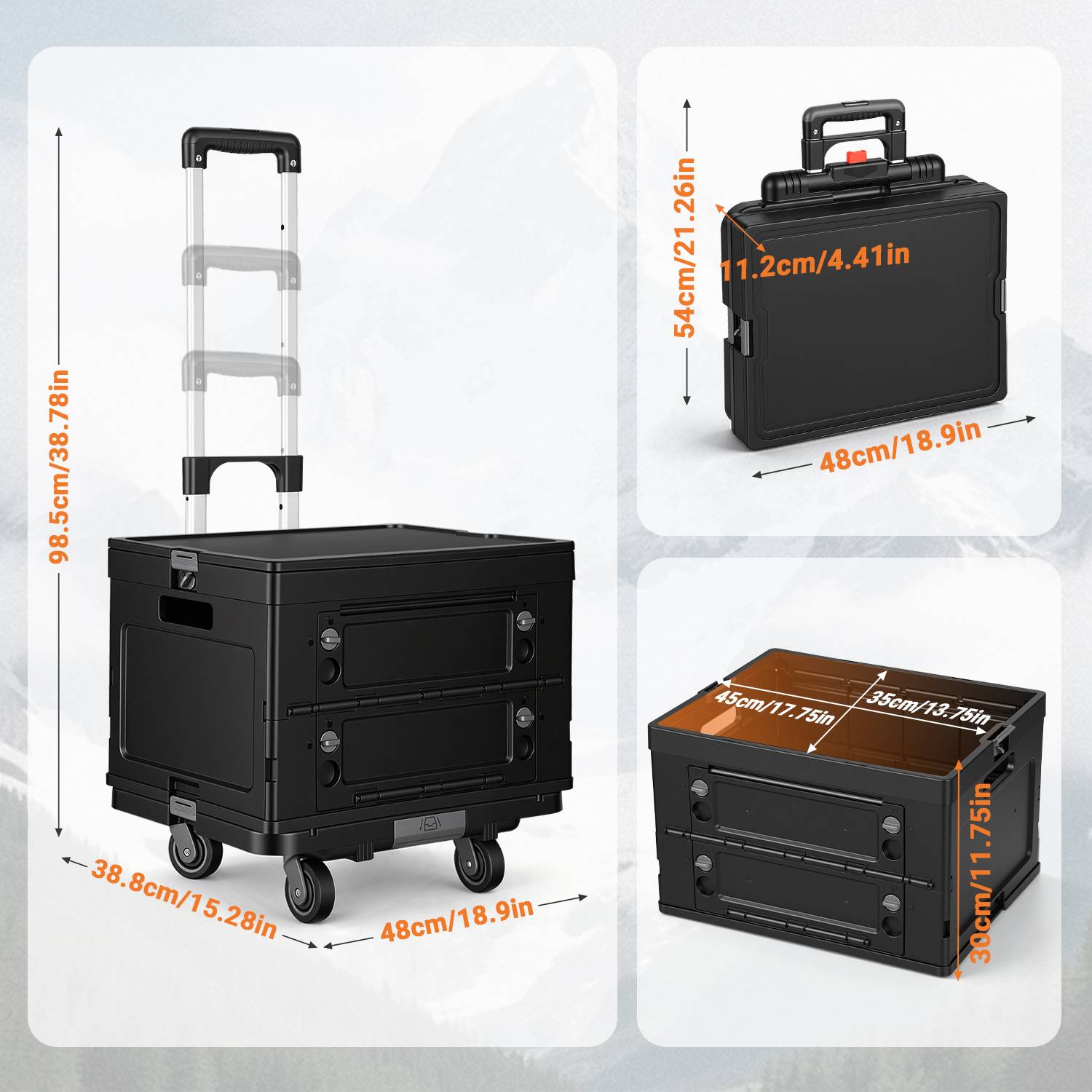 Einkaufstrolley 48L faltbar Schwarz, 3-in-1 Box-Trolley mit leisen Rollen, ergonomischem Griff, Aluminium + PP, klappbar