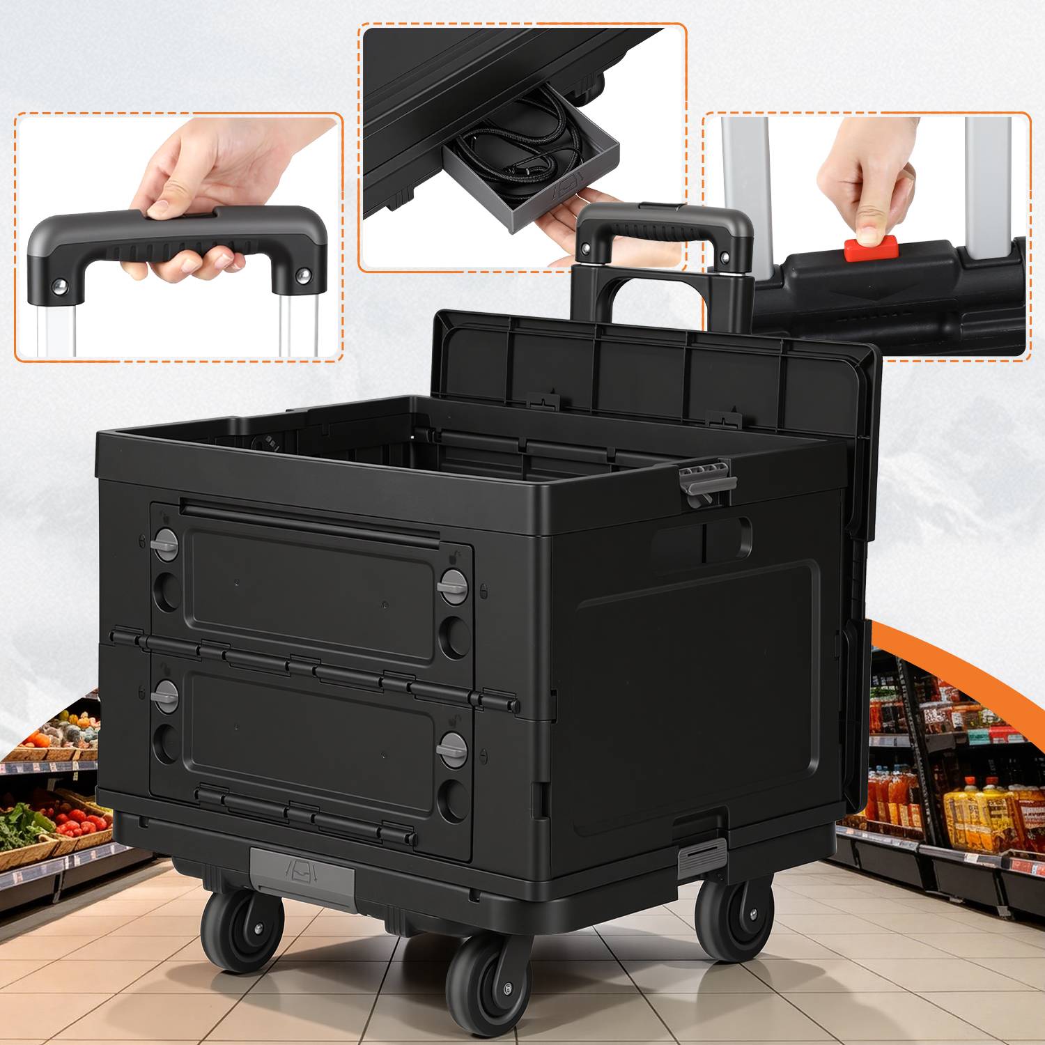 Einkaufstrolley 48L faltbar Schwarz, 3-in-1 Box-Trolley mit leisen Rollen, ergonomischem Griff, Aluminium + PP, klappbar