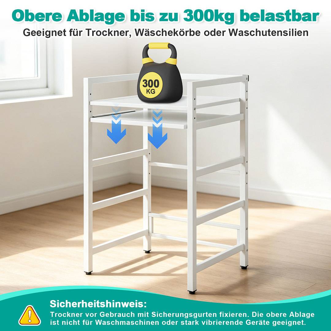 Weiße Wäschereigeräteständer mit oberem Regal, das ein Symbol für 300 kg Gewicht trägt; deutscher Text besagt, dass er Trockner, Körbe oder Waschmaschinen trägt und mit Riemen gesichert werden sollte.