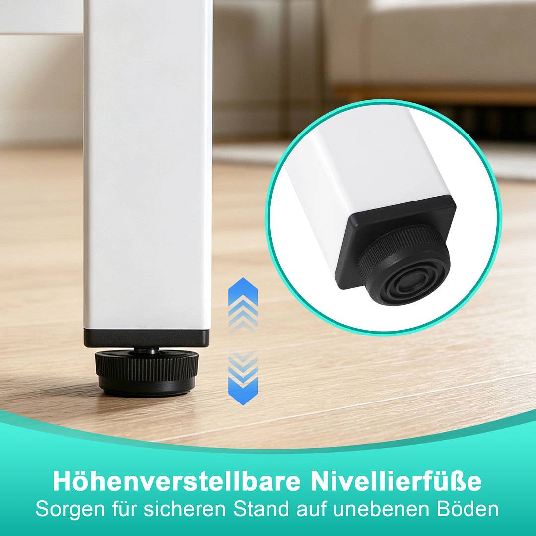 Nahaufnahme einer höhenverstellbaren Nivellierfußplatte an einem Schrank, dargestellt mit Pfeilen und vergrößerter Detailansicht, plus deutscher Text: 'Höhenverstellbare Nivellierfüße' und 'Sorgen für sicheren Stand auf unebenen Böden'.