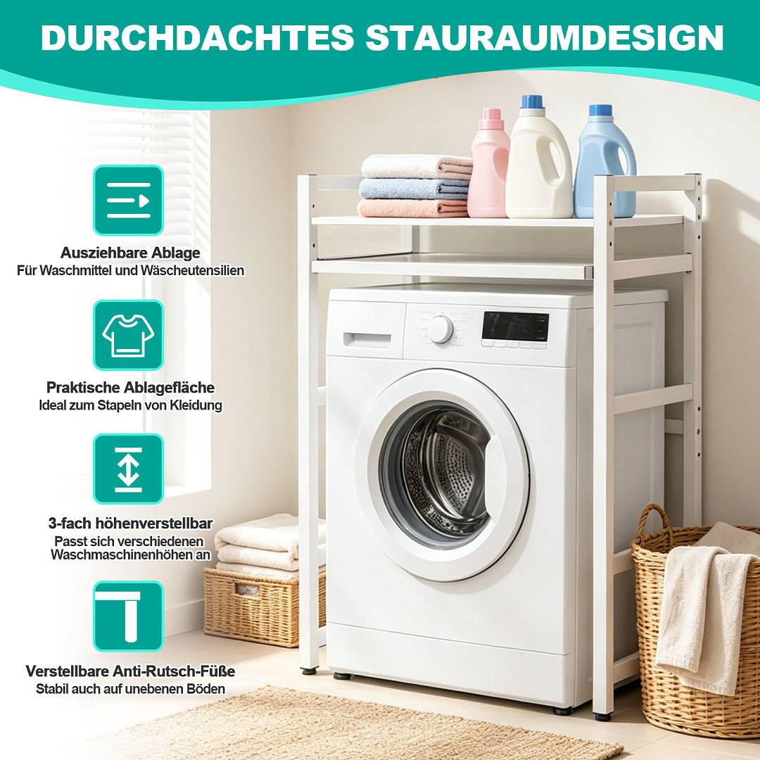 Waschmaschinenregal 72x64x115cm mit ausziehbare Ablage Weiß, Regal über Waschmaschine, Aufbewahrungsorganisator