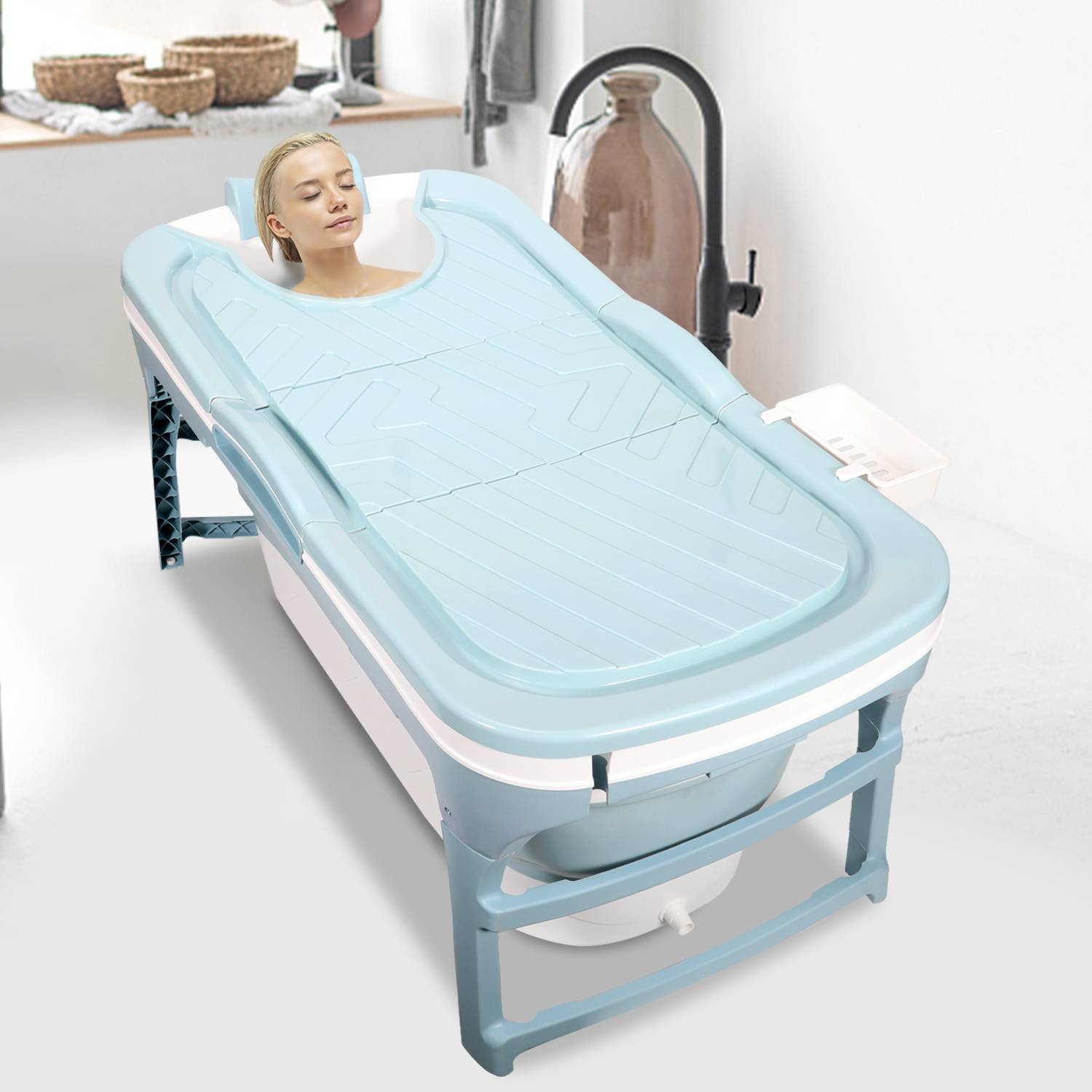 Badewanne Erwachsene 118x60x50cm Faltbare Mobile Badewanne Tragbar mit Abdeckung für Dusche Spa