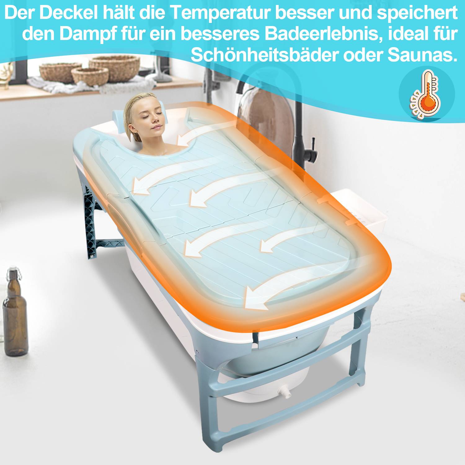 Badewanne Erwachsene 118x60x50cm Faltbare Mobile Badewanne Tragbar mit Abdeckung für Dusche Spa