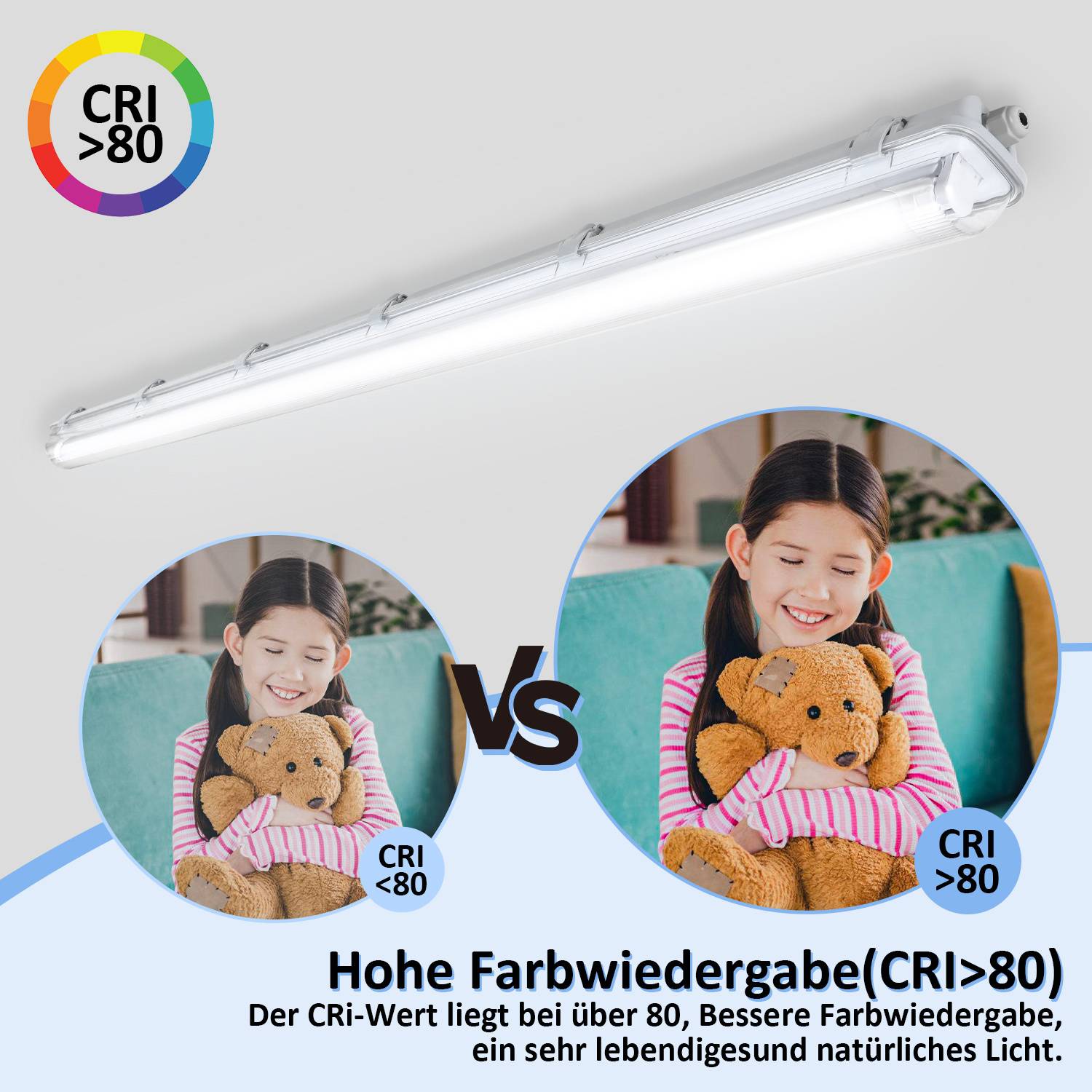 LED Feuchtraumleuchte 2-flammig IP65 24W 150 cm T8 G13, Kaltweiß 6500K, für Keller Garage Werkstatt
