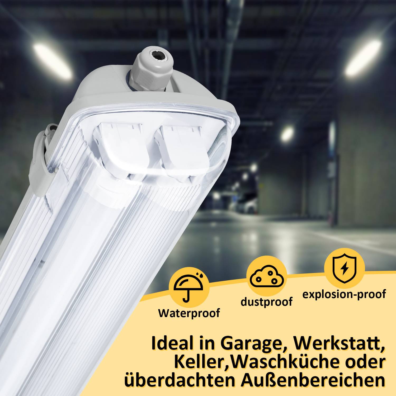 LED Feuchtraumleuchte 2-flammig IP65 24W 150 cm T8 G13, Kaltweiß 6500K, für Keller Garage Werkstatt