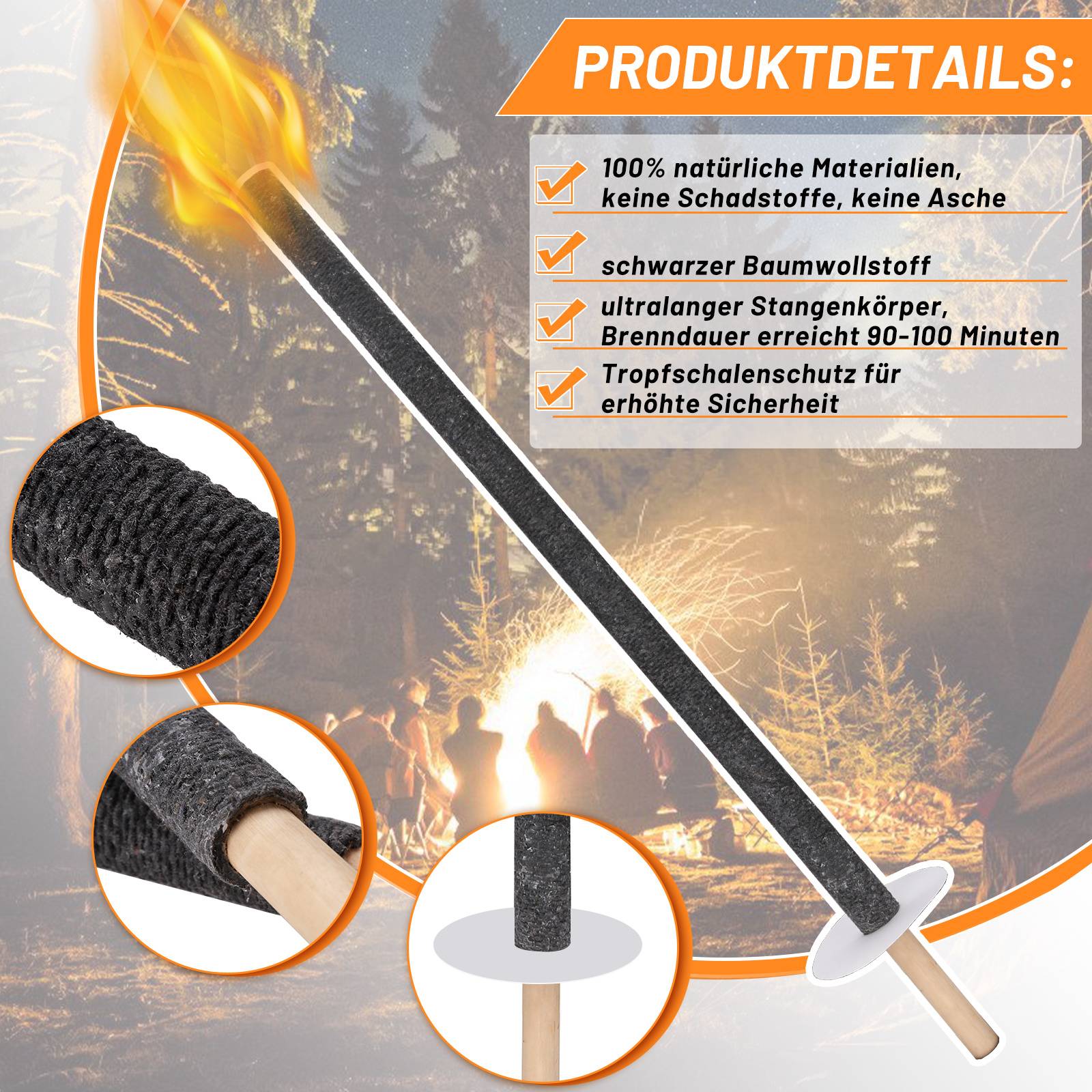 25x Wachsfackeln 42 cm Gartenfackeln mit Tropfschutz Holzgriff, Outdoor Fackeln für Party, Camping, Nachtwanderung