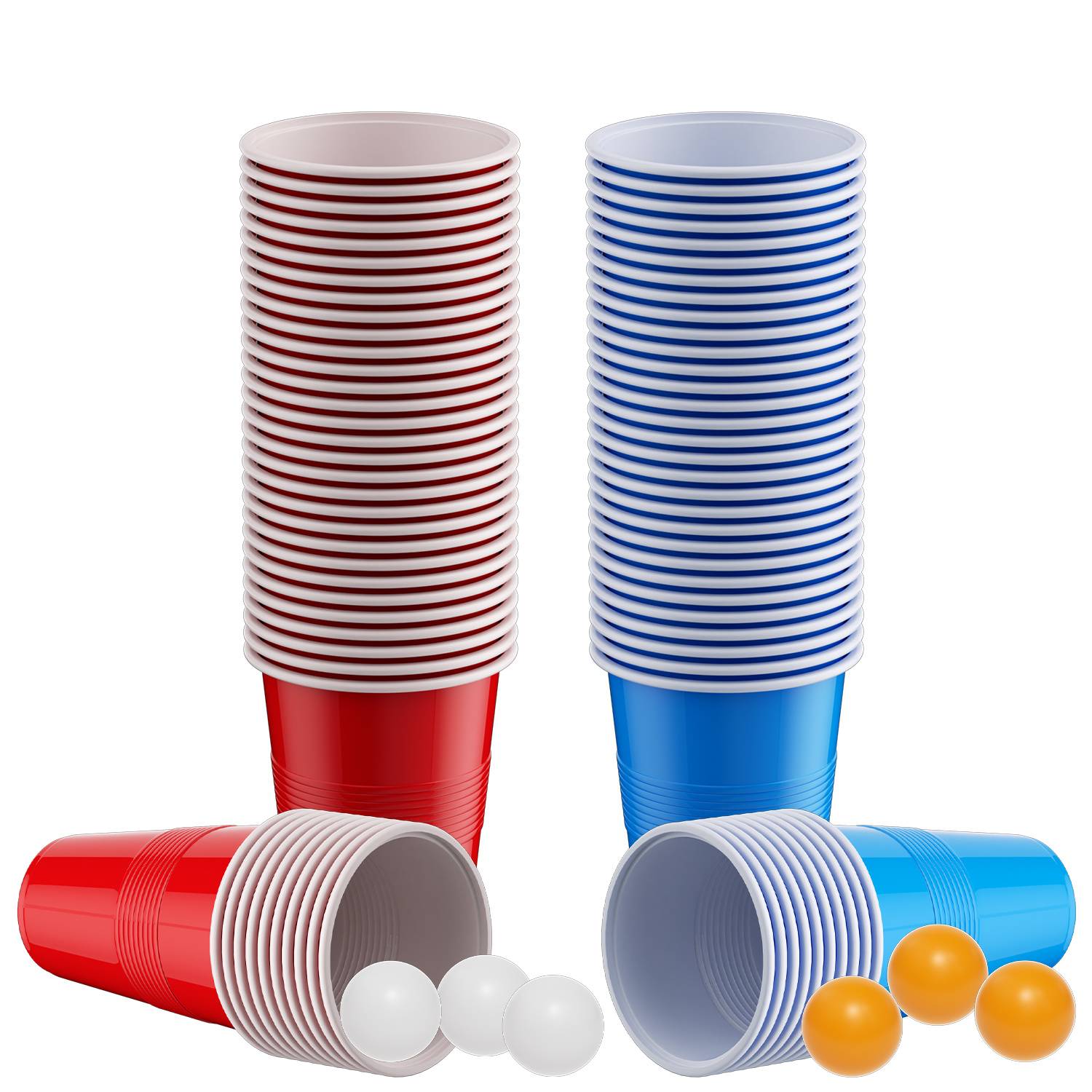 Beer Pong Becher Set 100 Becher + 10 Bälle, 50 rote & 50 blaue Partybecher 500 ml, Trinkspiel Partyspiel für Geburtstag, BBQ & Festival
