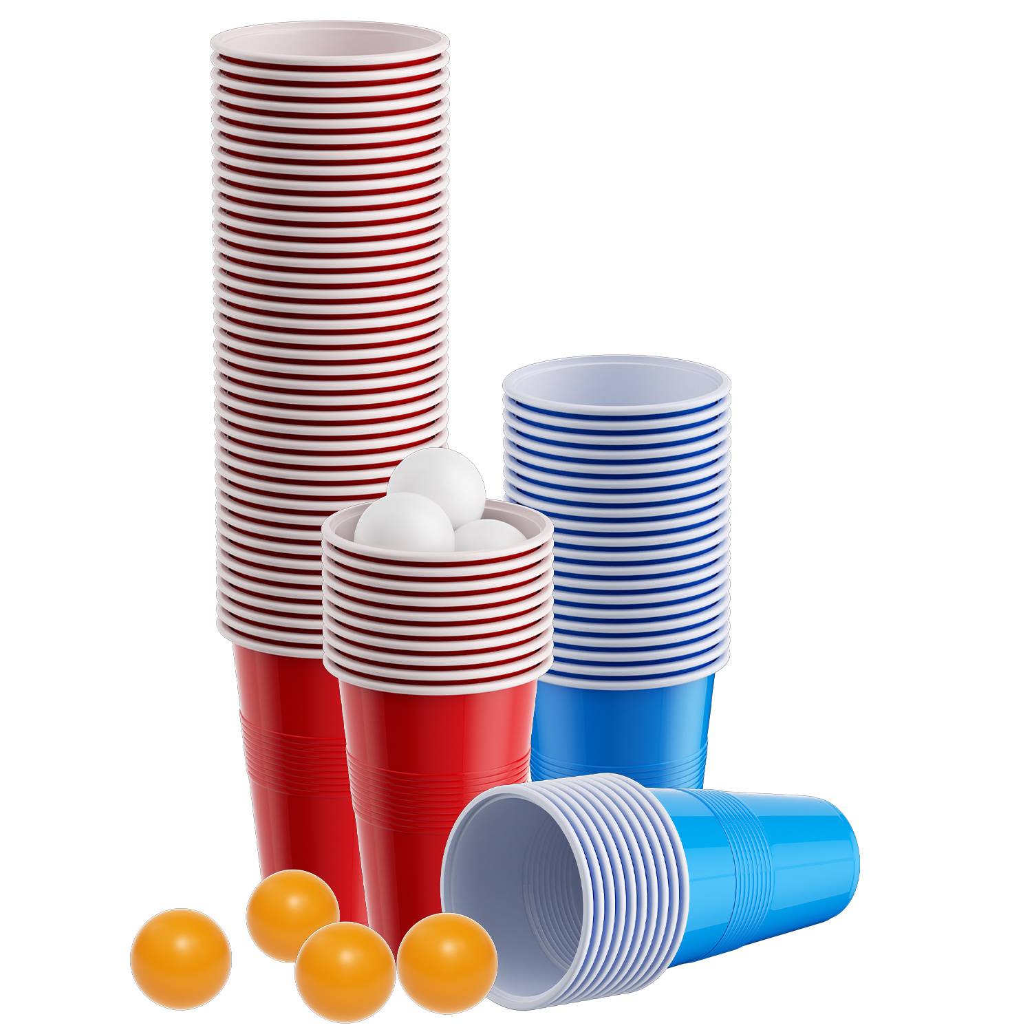 Beer Pong Partyspiel Set mit 100 Bechern und 10 Bällen, rot-blaue Becher 500 ml, Geschicklichkeitsspiel für Gartenparty, Studentenparty & Feiern