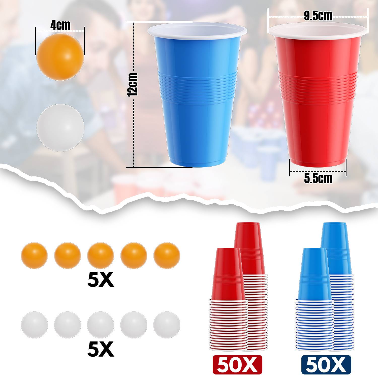 Beer Pong Partyspiel Set mit 100 Bechern und 10 Bällen, rot-blaue Becher 500 ml, Geschicklichkeitsspiel für Gartenparty, Studentenparty & Feiern
