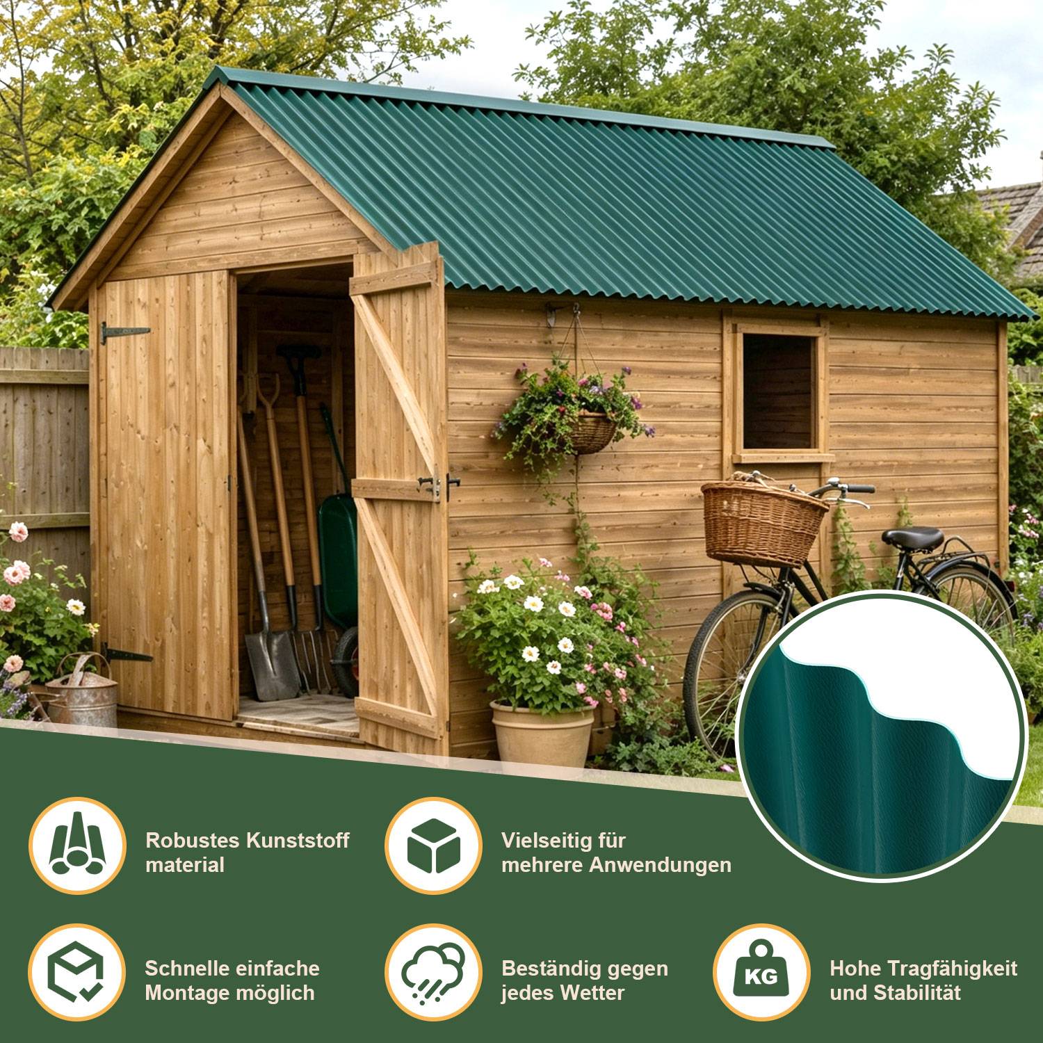 ASA Verbund-Wellplatten 8 Stück Dunkelgrün 117×93 cm, Dachplatten 1,5 mm, wetterfeste Wellplatten aus ASA Harz für Carport, Gartenhaus, Gewächsha