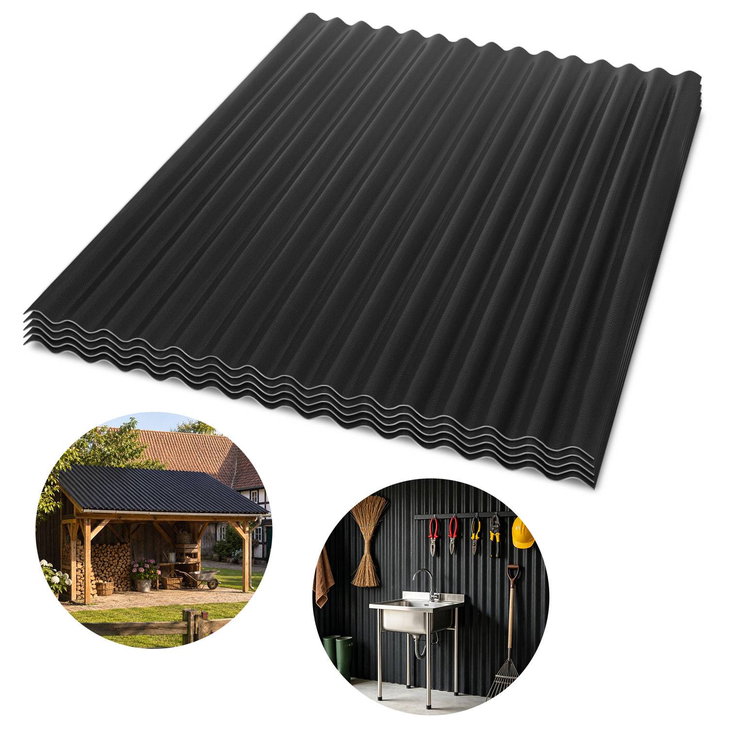 ASA Verbund-Wellplatten 5 Stück Anthrazitgrau 117×93 cm, Dachplatten 1,5 mm, witterungsbeständige Wellplatten für Carport, Gartenhaus, Gewächshau