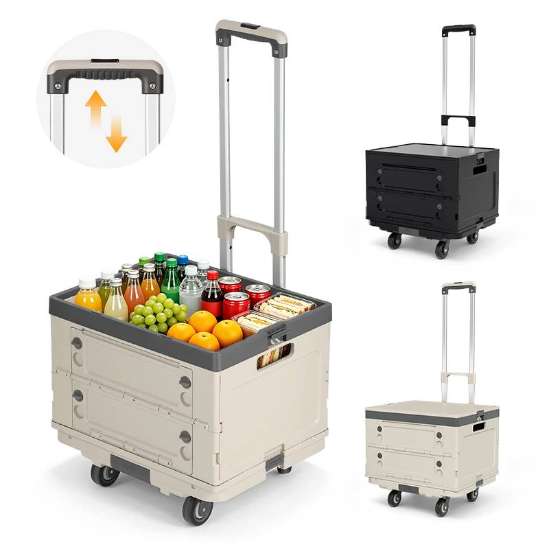 Einkaufstrolley 48L faltbar Beige, 3-in-1 Box-Trolley mit leisen Rollen, ergonomischem Griff, Aluminium + PP, klappbar inkl. Spanngurt