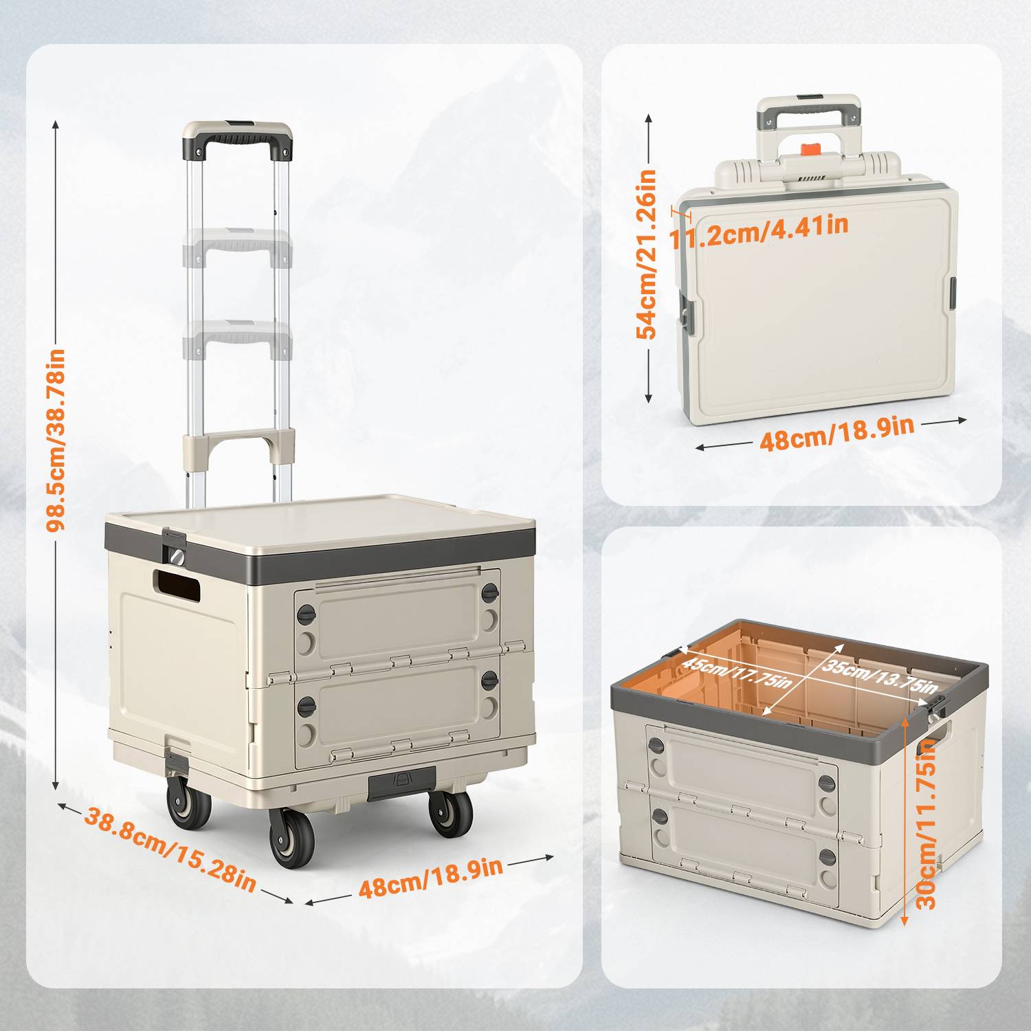 Einkaufstrolley 48L faltbar Beige, 3-in-1 Box-Trolley mit leisen Rollen, ergonomischem Griff, Aluminium + PP, klappbar inkl. Spanngurt