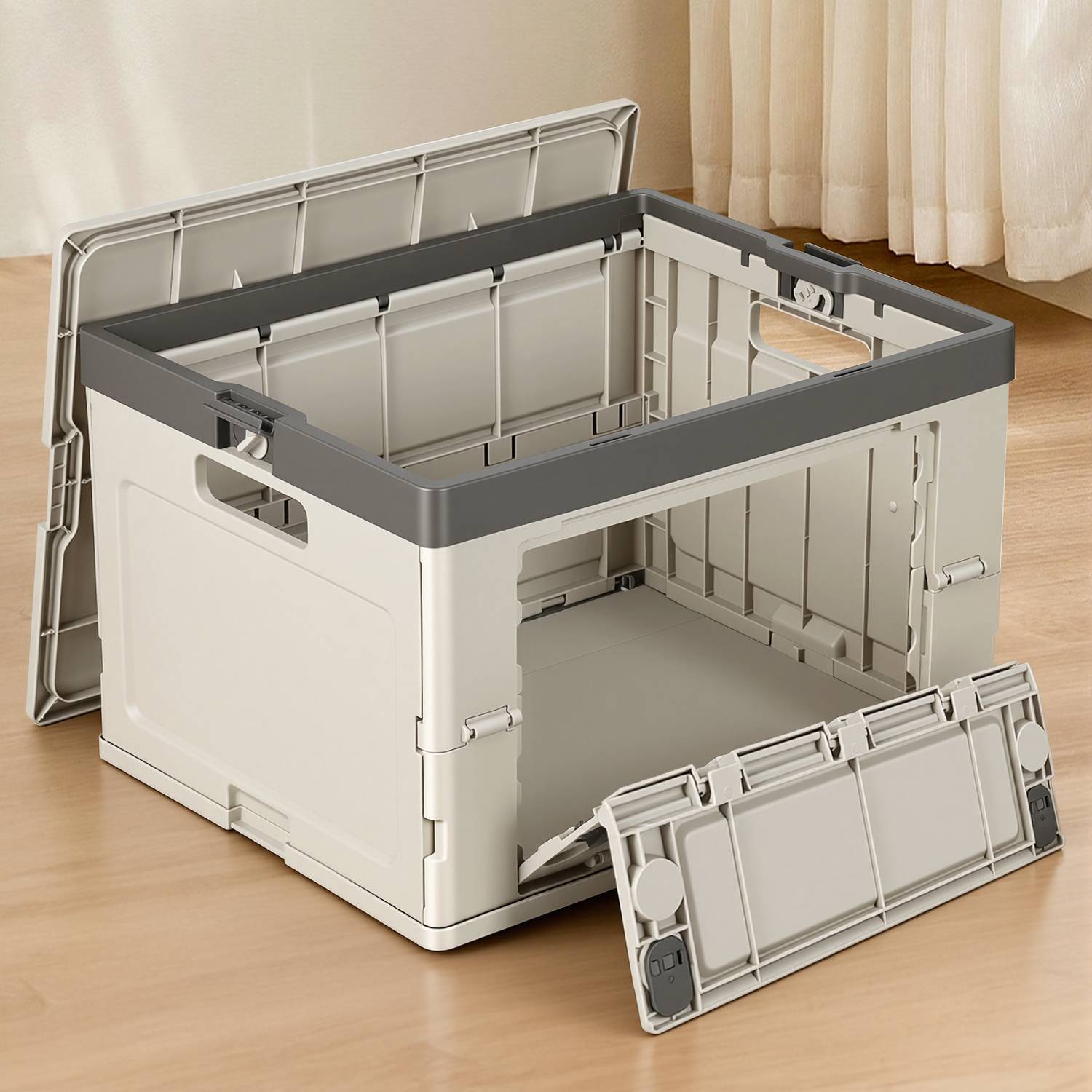 Einkaufstrolley 48L faltbar Beige, 3-in-1 Box-Trolley mit leisen Rollen, ergonomischem Griff, Aluminium + PP, klappbar inkl. Spanngurt