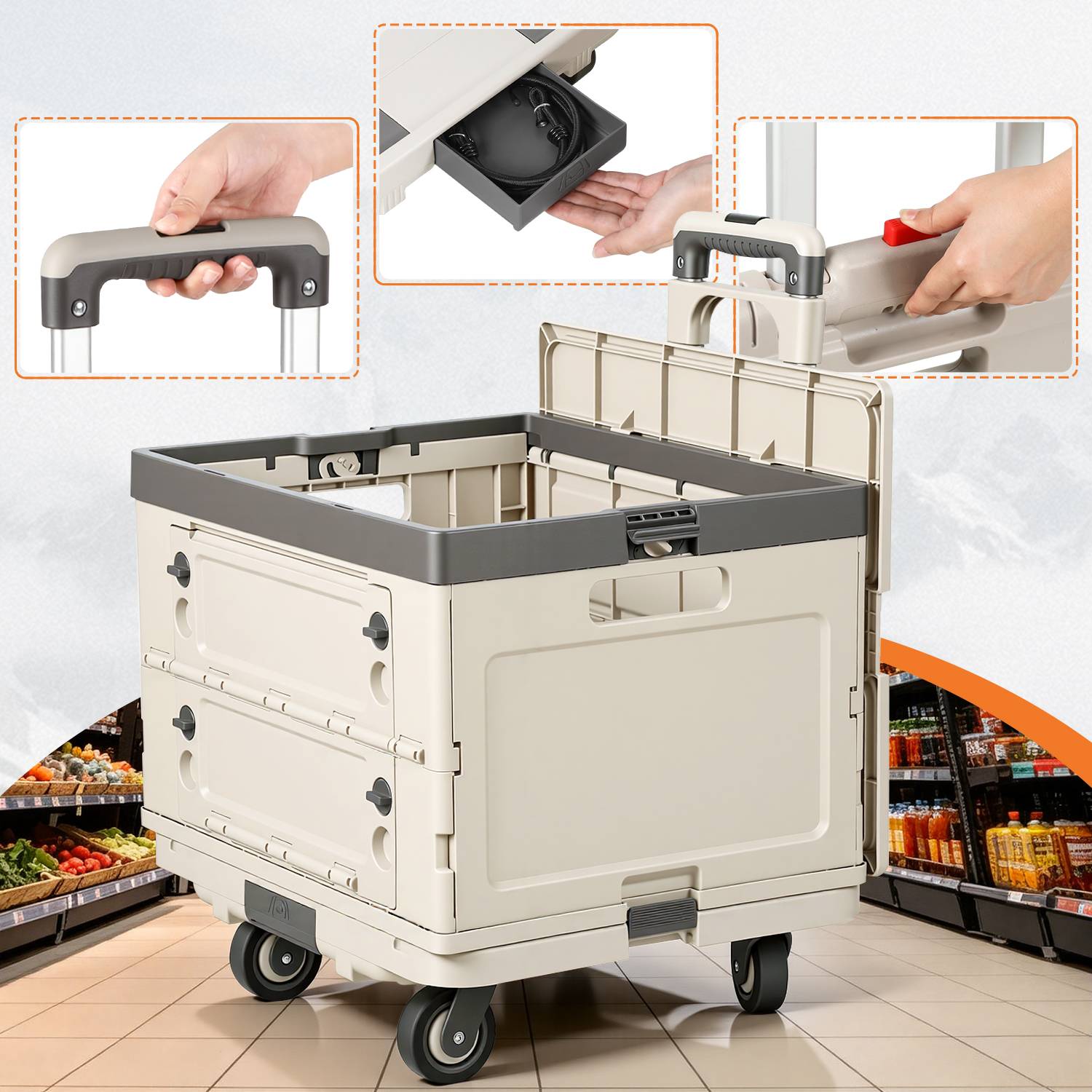 Einkaufstrolley 48L faltbar Beige, 3-in-1 Box-Trolley mit leisen Rollen, ergonomischem Griff, Aluminium + PP, klappbar inkl. Spanngurt