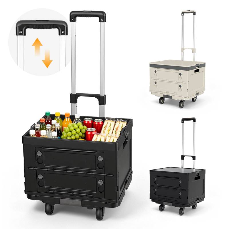 Einkaufstrolley 48L faltbar Schwarz, 3-in-1 Box-Trolley mit leisen Rollen, ergonomischem Griff, Aluminium + PP, klappbar