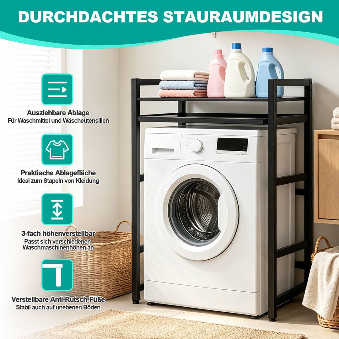 Waschmaschinenregal 72x64x115cm mit ausziehbare Ablage Schwarz, Regal über Waschmaschine, Aufbewahrungsorganisator