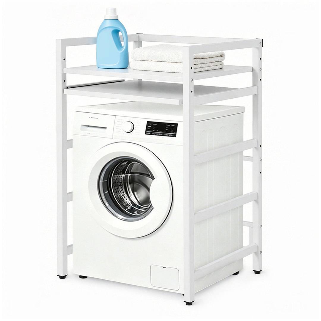 Waschmaschinenregal, Regal über Waschmaschine mit Auszug, verstellbare Anti-Rutsch-Füße, obere Ablage bis 300 kg, höhenverstellbar 95-105 cm, Wei?