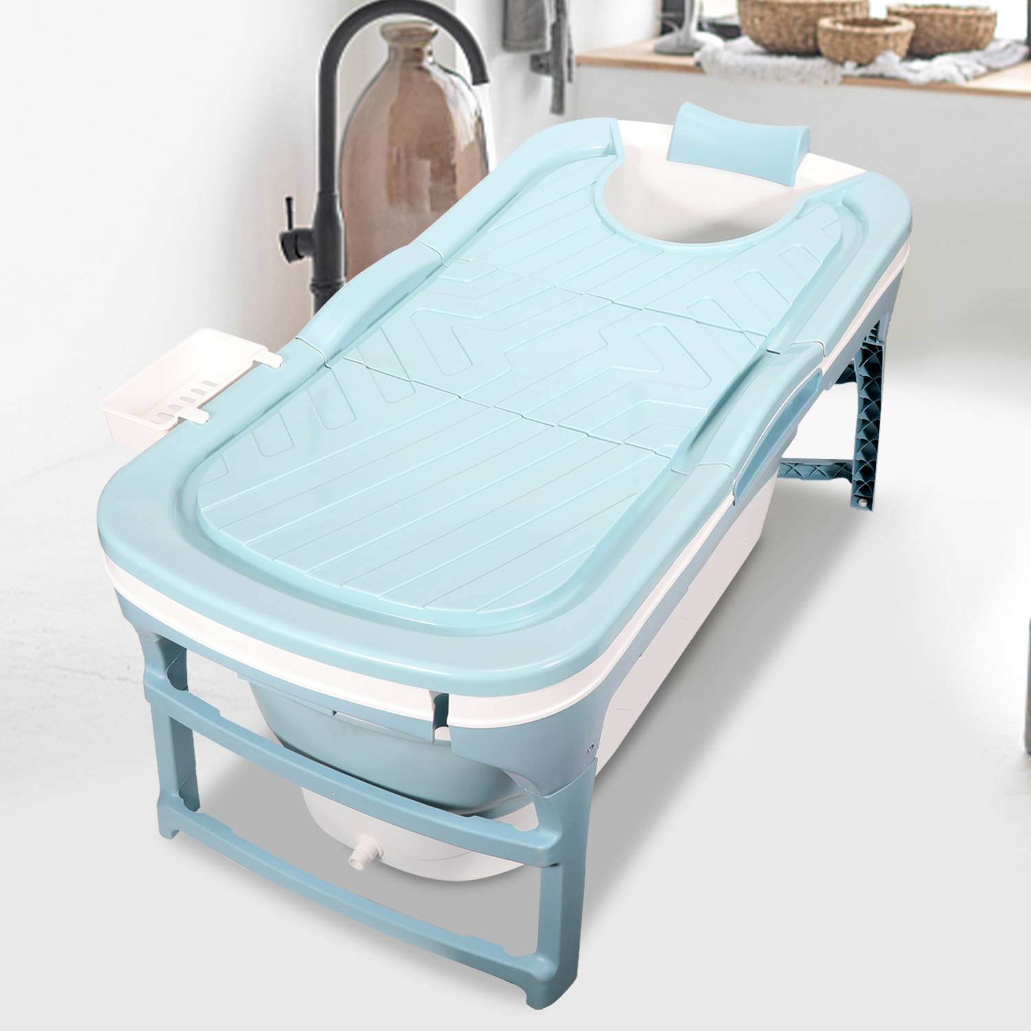 Badewanne Erwachsene 118x60x50cm Faltbare Mobile Badewanne Tragbar mit Abdeckung für Dusche Spa