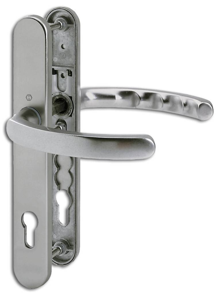 HOPPE-Aluminium-Schmalschild-Türgriff-Garnitur für Profiltüren Lagerung Türgriffe fest/drehbar, Rückholfedern, wartungsfreie Gleitlager Ver