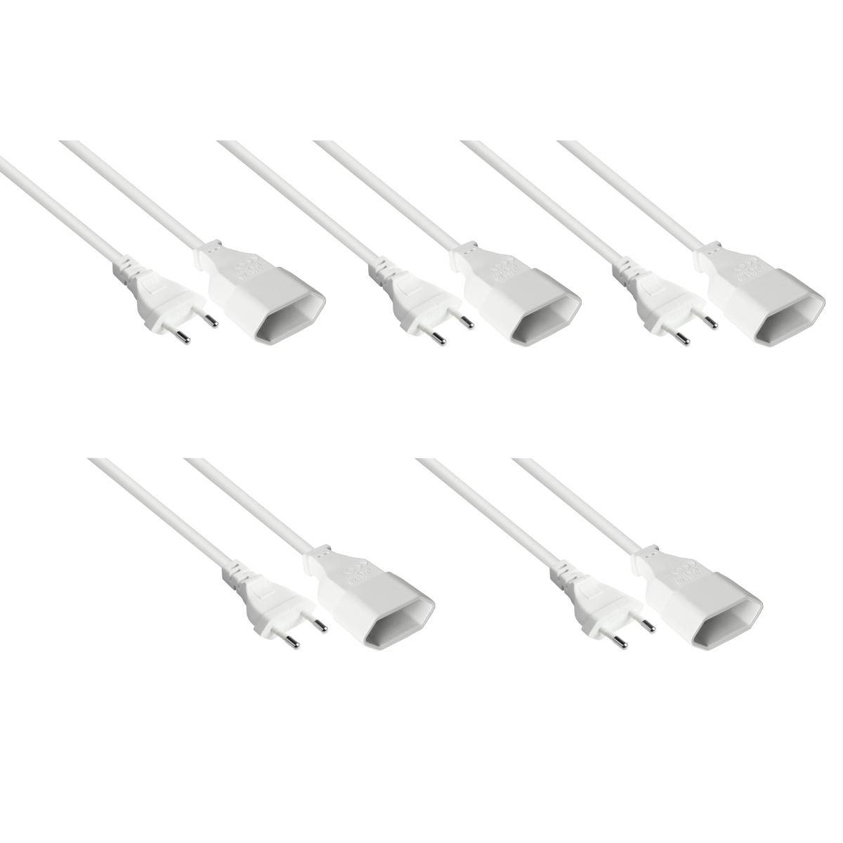 Euro-Verlängerung Euro-Stecker Typ C an Euro-Buchse, weiß, 0,75mm², 0,5m - 5er SPAR-Set