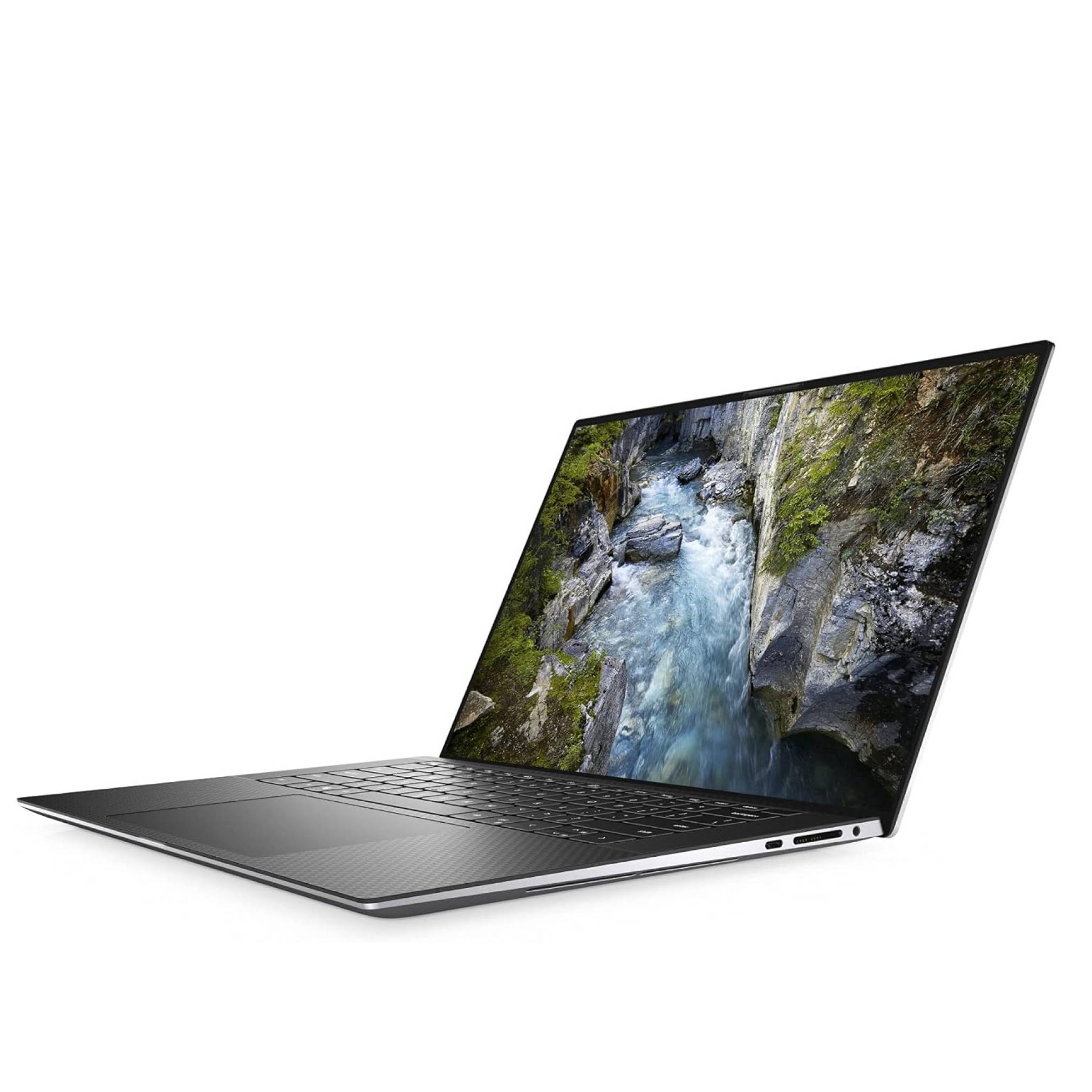 Offener Laptop mit einem Naturhintergrundbild einer felsigen Flussschlucht auf weißem Hintergrund.