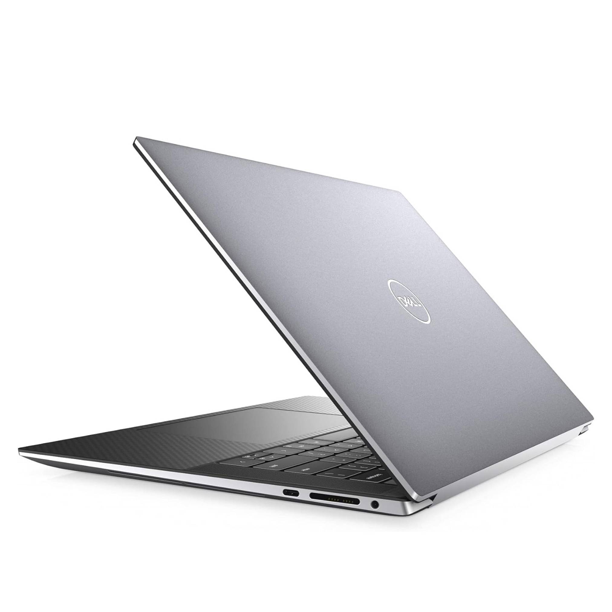 Silber Dell Laptop teilweise offen auf weißem Hintergrund, zeigt die Tastatur und das Logo auf dem Deckel.