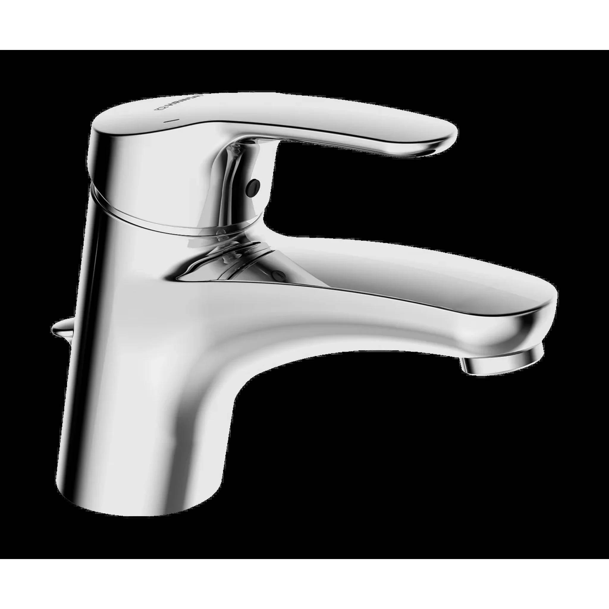 Chrom-Einhebel-Badezimmerhahn auf schwarzem Hintergrund, in Seitenansicht dargestellt.