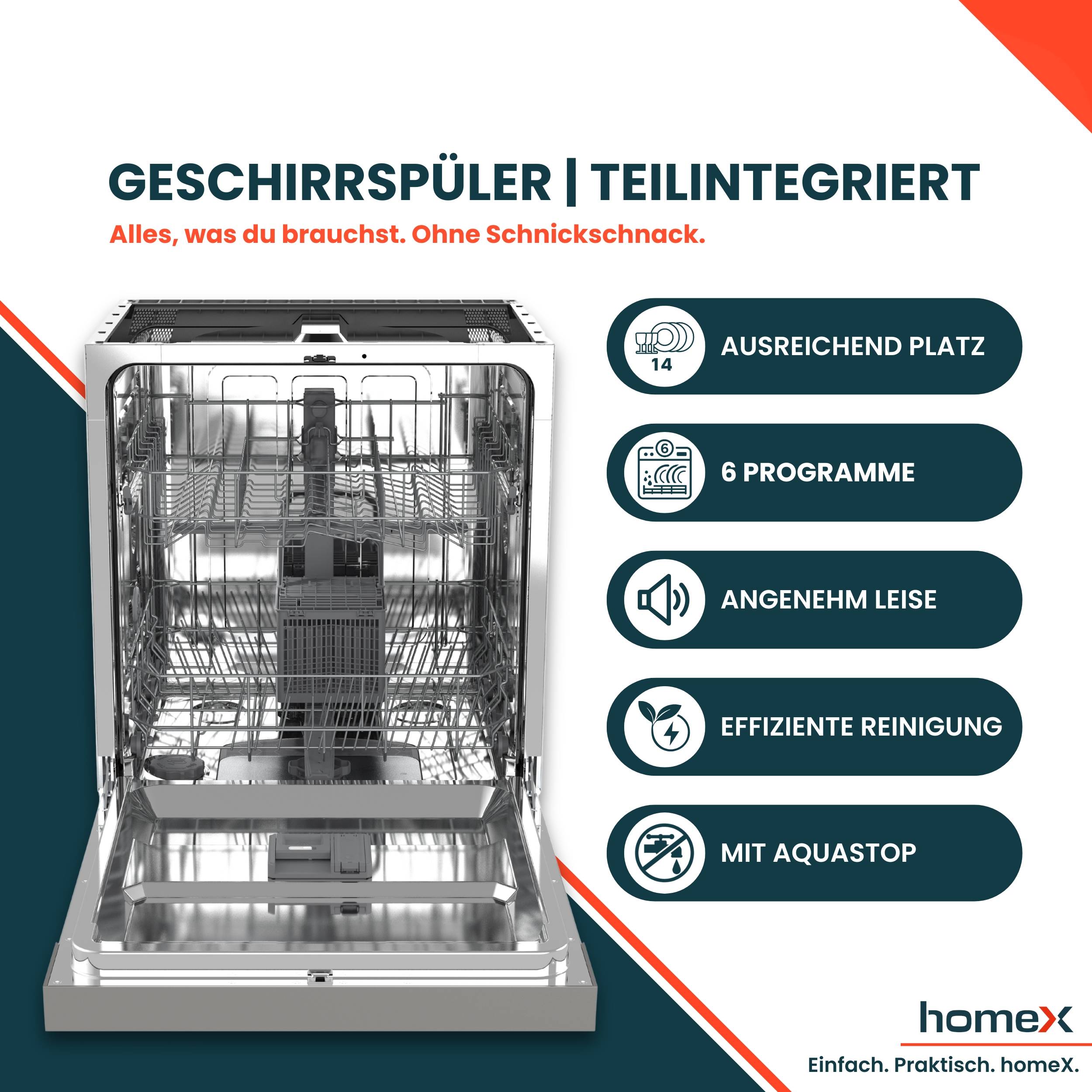 homeX DWSI601449E Geschirrspüler 60 cm, Spülmaschine teilintegrierbar - 14 Maßgedecke, 6 Programme, Einbaugeschirrspüler