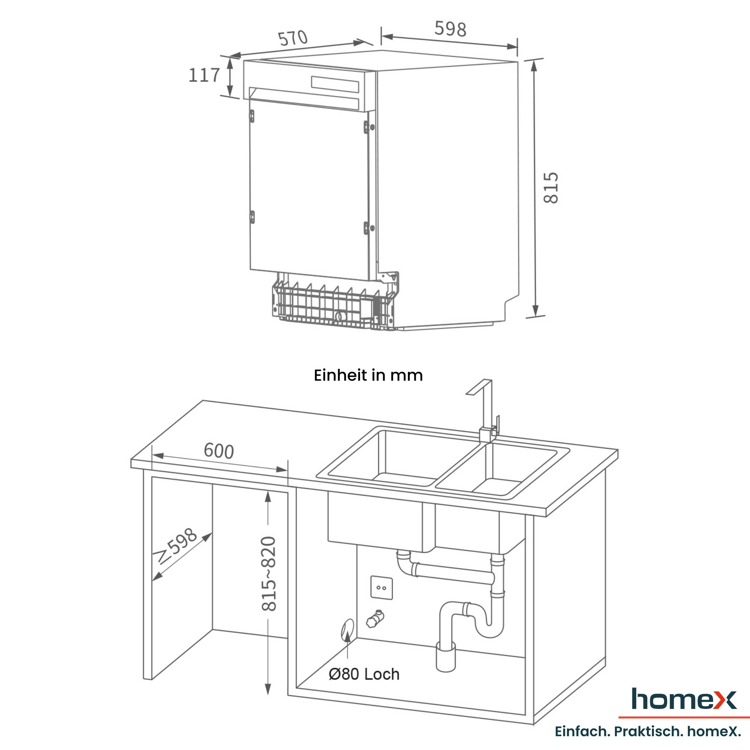 homeX DWSI601449E Geschirrspüler 60 cm, Spülmaschine teilintegrierbar - 14 Maßgedecke, 6 Programme, Einbaugeschirrspüler