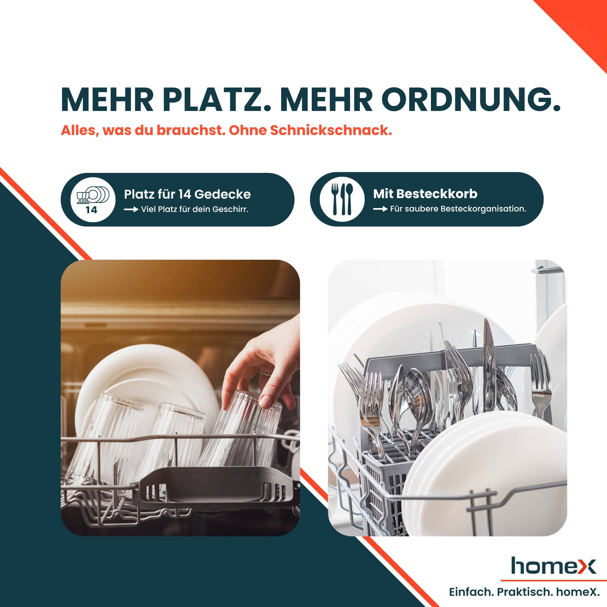 homeX DWSI601449E Geschirrspüler 60 cm, Spülmaschine teilintegrierbar - 14 Maßgedecke, 6 Programme, Einbaugeschirrspüler