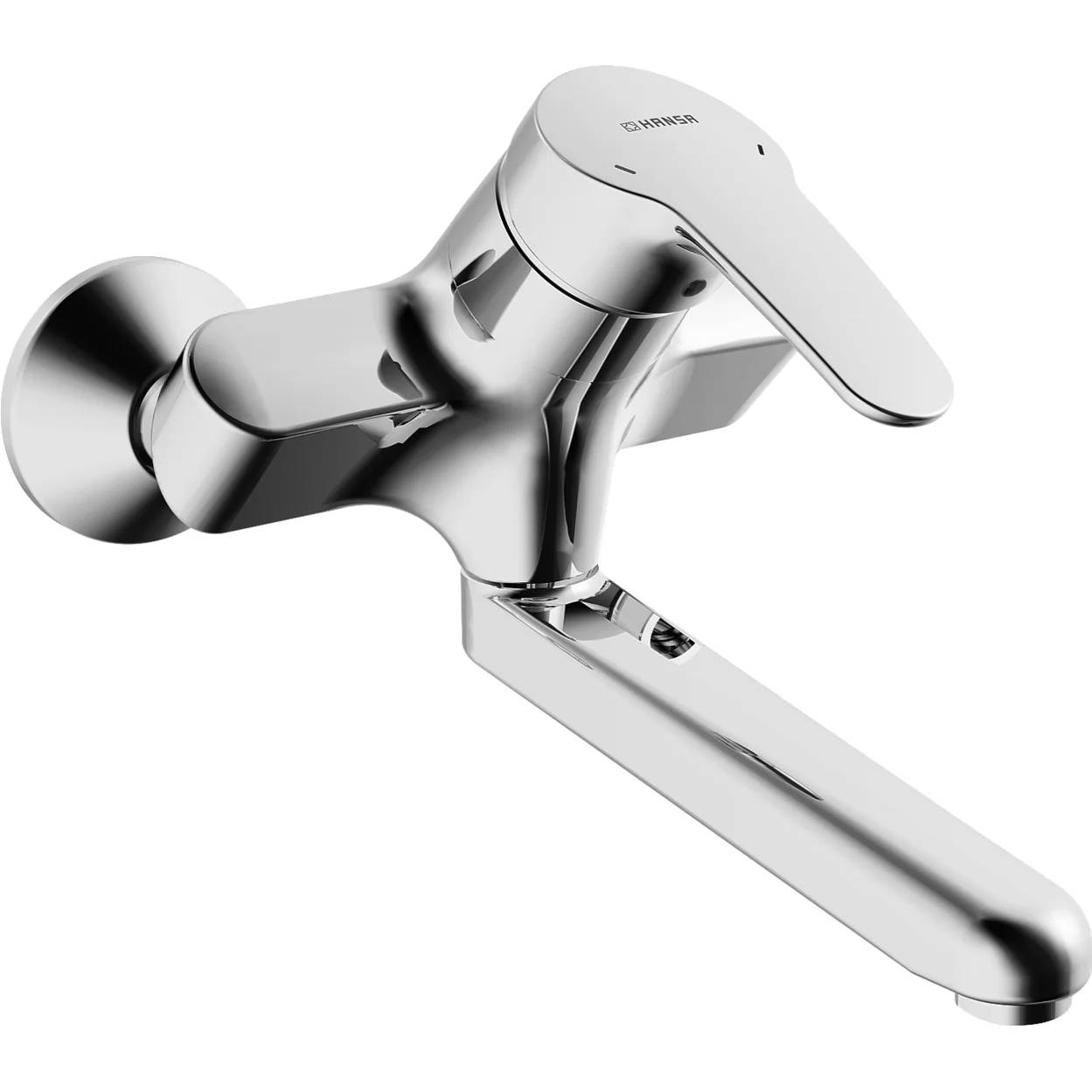 Chrom-Einhebelwand-Badewannenmischer mit langem Auslauf und Brauseumschalter.