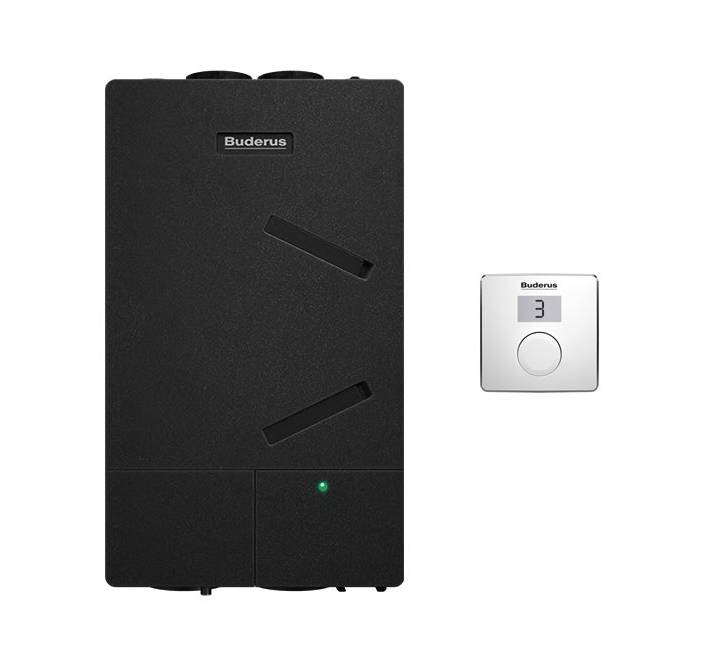Buderus-Heizkessel mit separater wandmontierter digitaler Steuerung, die „3