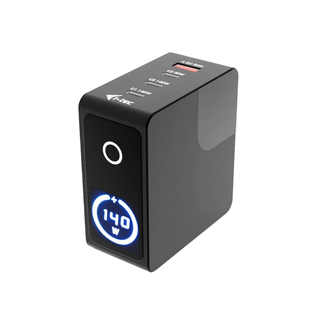 Schwarzes USB-C-Wandladegerät mit digitaler Anzeige, die eine Leistung von 140W anzeigt, und mehreren Ladeanschlüssen auf der Oberseite.