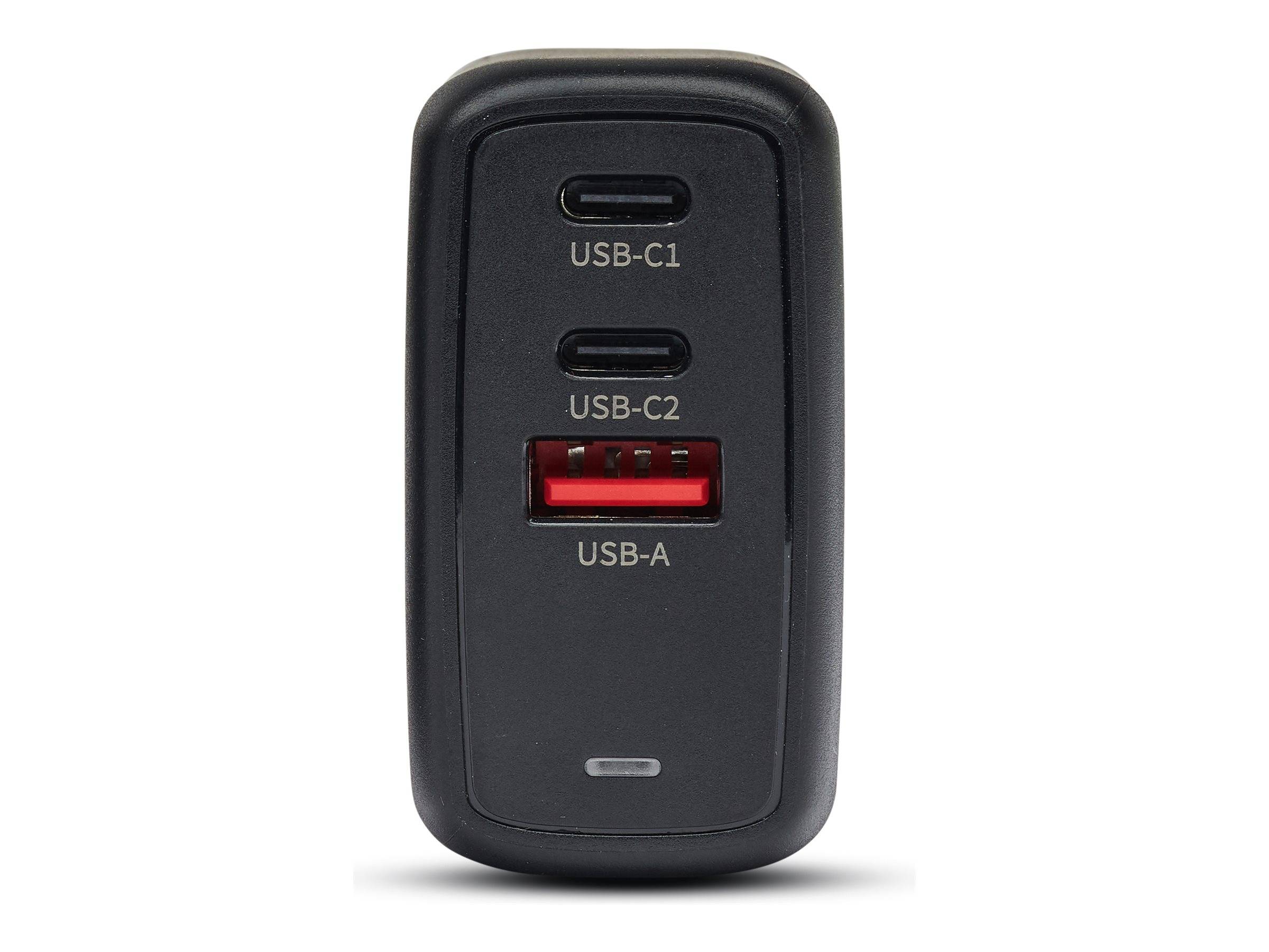 Schwarzes Wandladegerät mit zwei USB-C-Anschlüssen mit den Bezeichnungen USB-C1 und USB-C2 und einem roten USB-A-Anschluss mit der Bezeichnung USB-A.