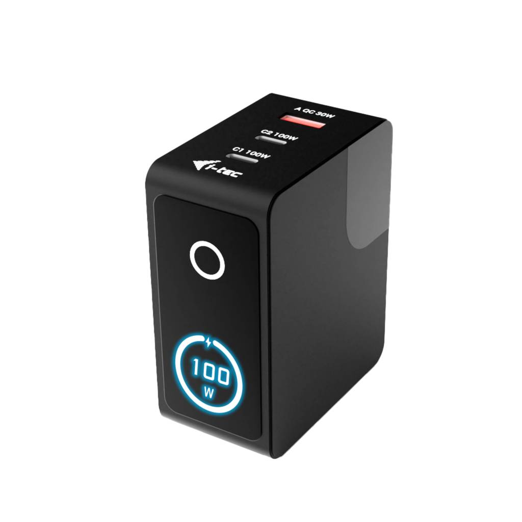 Schwarzes USB-C-Wandladegerät mit einem Anschluss und digitalem Display mit Anzeige von 100W, oben beschriftet mit 45W, 20W und 100W