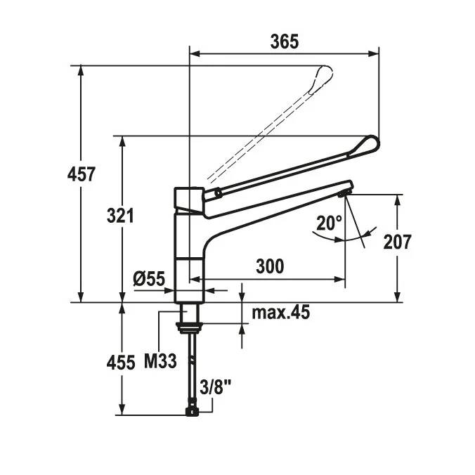 Technische Maßzeichnung eines Wasserhahns, Seitenansicht mit Abmessungen: 457 mm Höhe, 365 mm Reichweite, 300 mm Auslauflänge, 20° Winkel und M33, 3/8