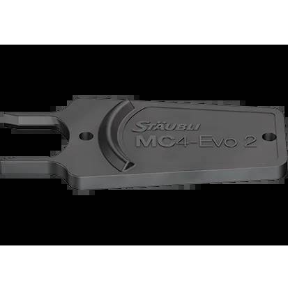 Grauer STAUBLI MC4-Evo 2 Solarstecker auf schwarzem Hintergrund, mit zwei Kabelkontakten und Befestigungslöchern.