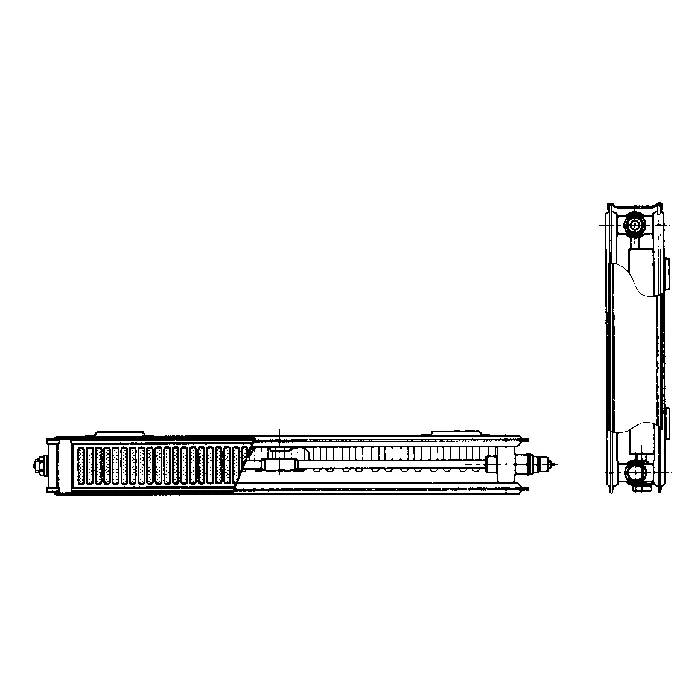 Technische Strichzeichnung einer langen zylindrischen mechanischen Komponente, dargestellt in Seiten- und Endansicht, wahrscheinlich ein Stoßdämpfer oder eine Strebe.