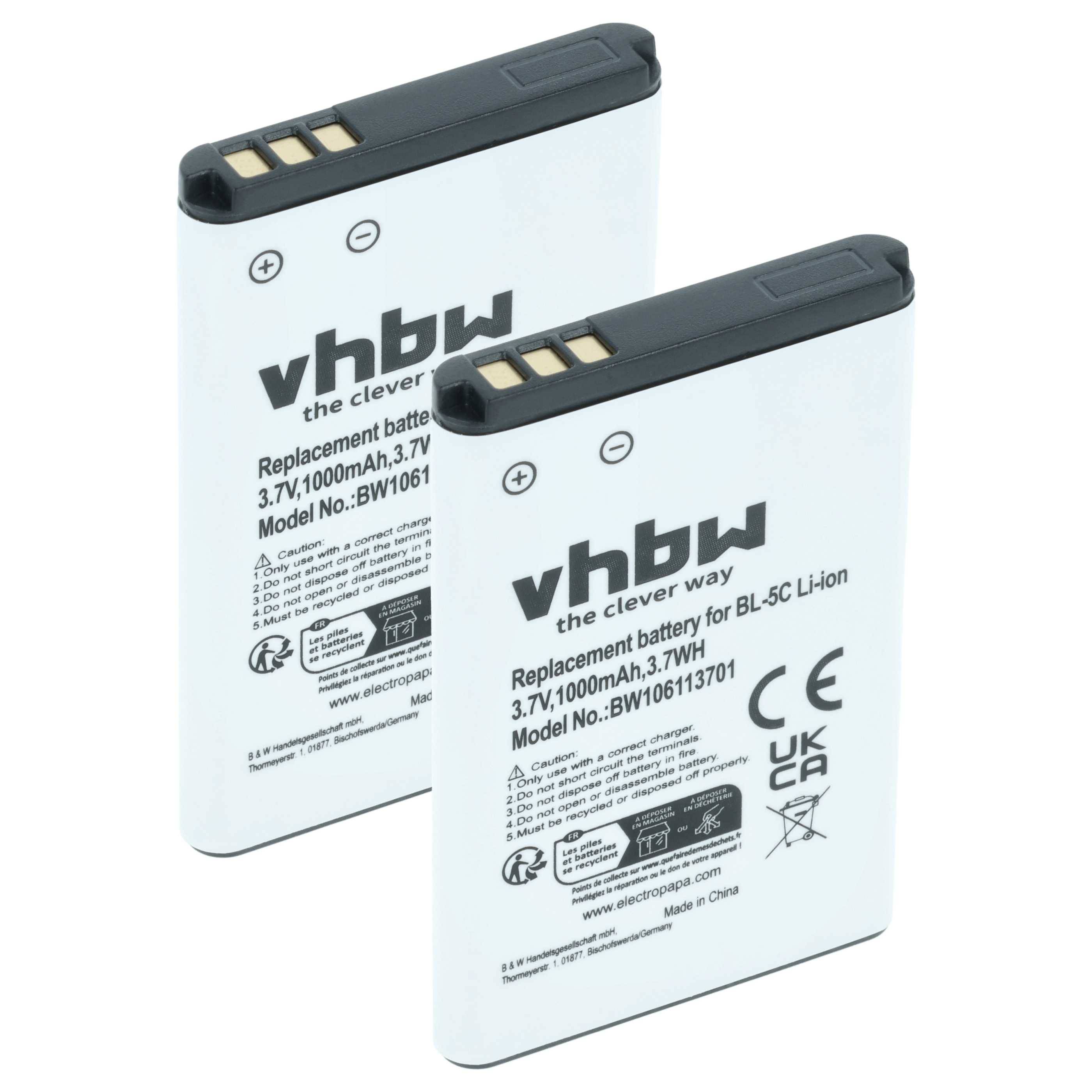 Zwei vhbw Ersatz-Li-Ionen-Batterien, weiß mit schwarzen Oberteilen, von vorne gezeigt und für ein BL-5C-kompatibles Gerät gekennzeichnet.
