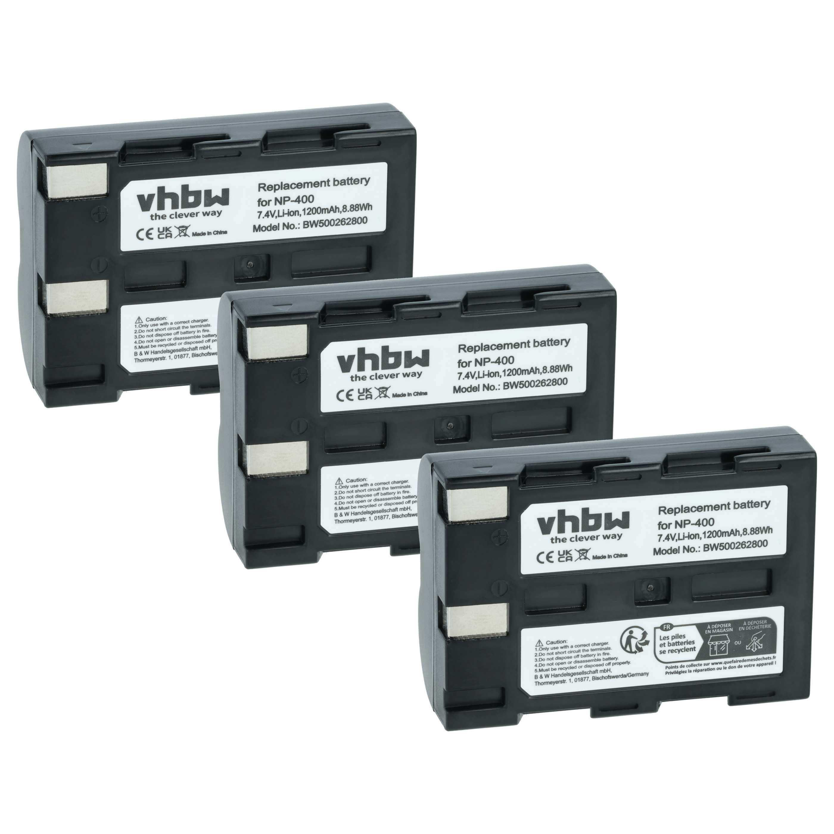 vhbw 3x Akku Ersatz für Konica Minolta NP-400 | für Kamera (1200 mAh, 7,2 V, Li-Ion)