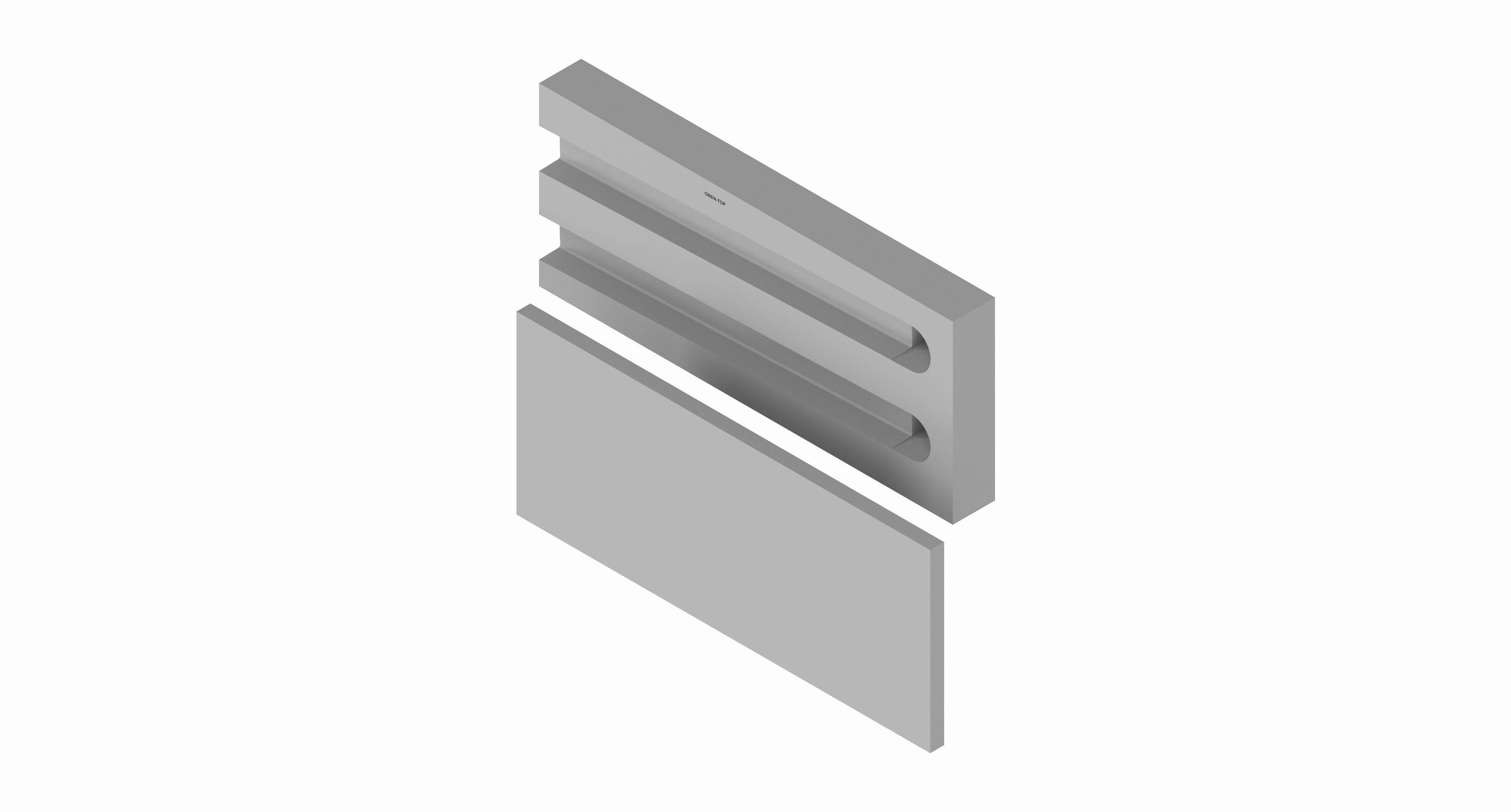 Isometrische Darstellung einer geschlitzten grauen Metallschiene oder eines Kanals mit einem separaten flachen Paneel, das davor positioniert ist.
