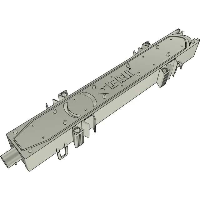 3D-gerenderter Metallschrank für Elektroinstallationen mit Befestigungslaschen und einer seitlichen Kabelkanal-Öffnung auf weißem Hintergrund