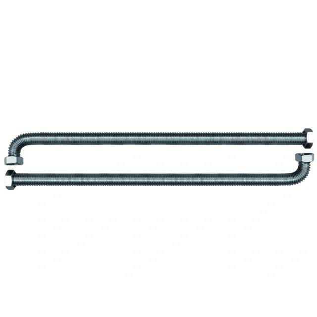 Zwei flexible Wellblechschläuche mit Sechskantanschlüssen, parallel auf weißem Hintergrund dargestellt.
